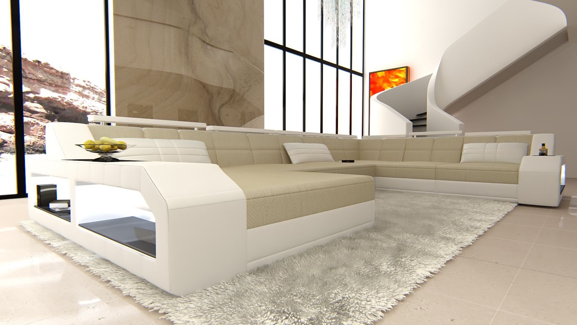 Sofa Dreams Wohnlandschaft Stoffsofa Polstersofa Matera XXL U Form Couch Stoff Sofa, mit LED, wahlweise mit Bettfunktion als Schlafsofa, Designersofa H1 Elfenbein-Weiss