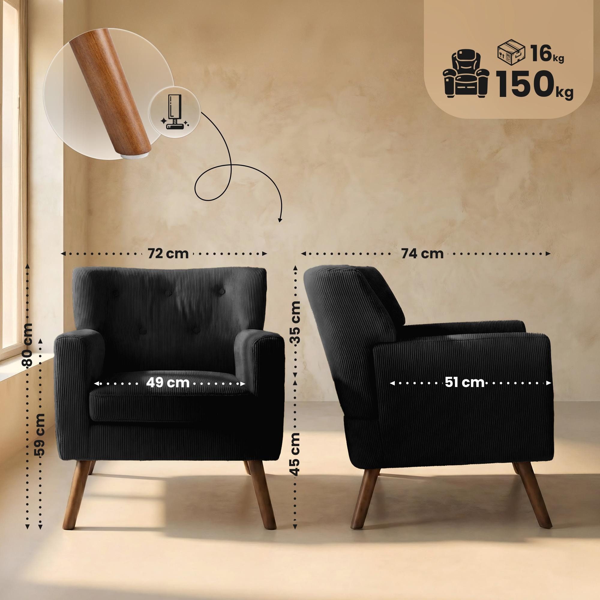 CLP Loungesessel Kioni (1er), Cordbezug, Kautschukholz, bis 150 kg belastbar