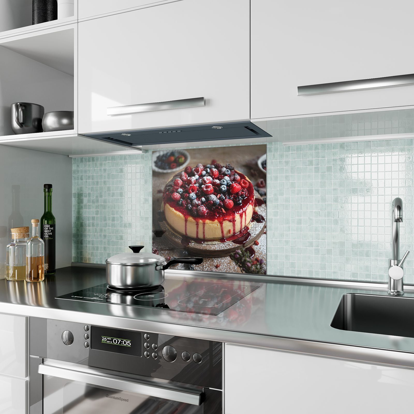 mit Motiv Primedeco mit Käsekuchen Küchenrückwand Beeren Glas Spritzschutz Küchenrückwand