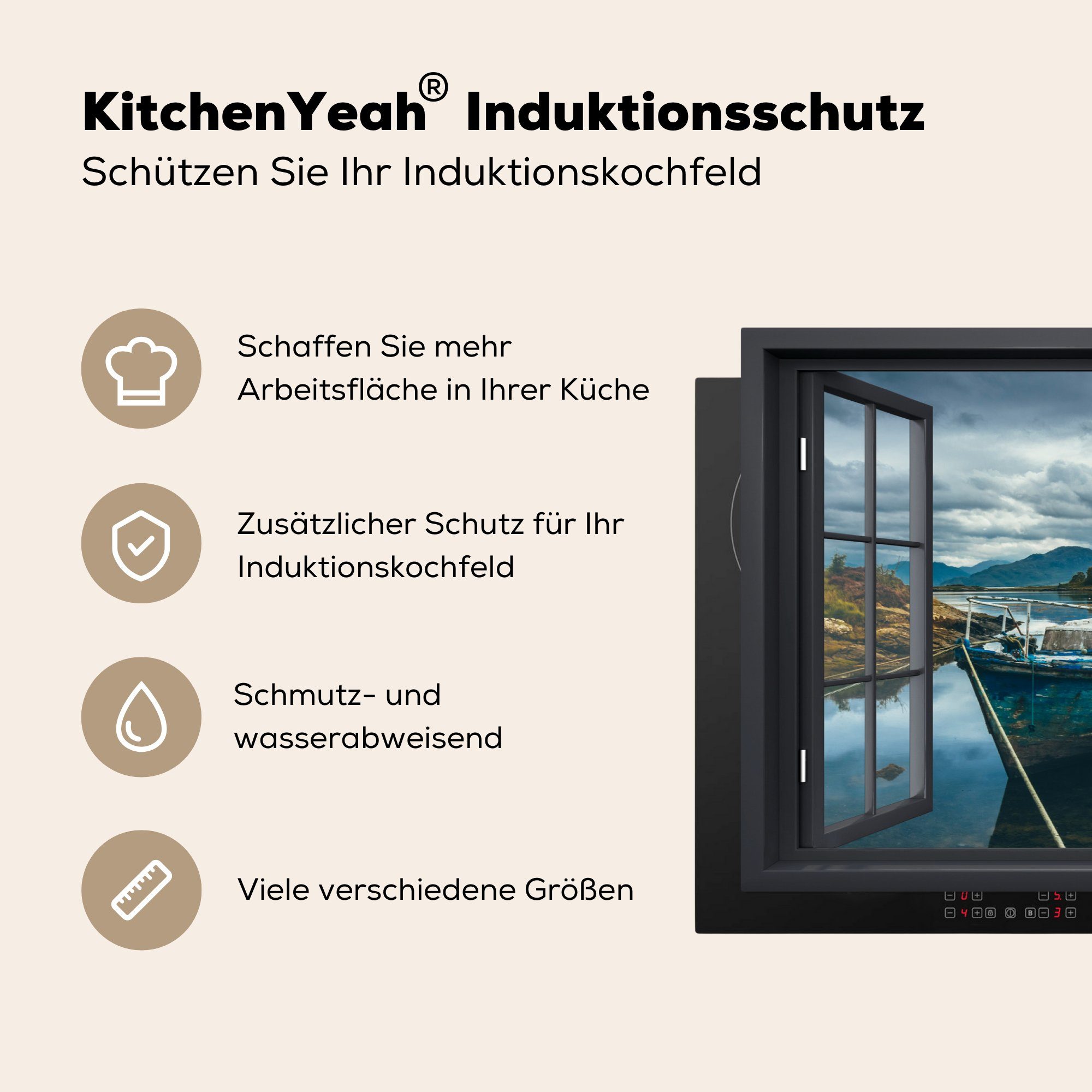 Boot Induktionskochfeld küche, Schutz (1 cm, Berg, tlg), Herdblende-/Abdeckplatte für - Vinyl, Durchblick Ceranfeldabdeckung MuchoWow 81x52 die -