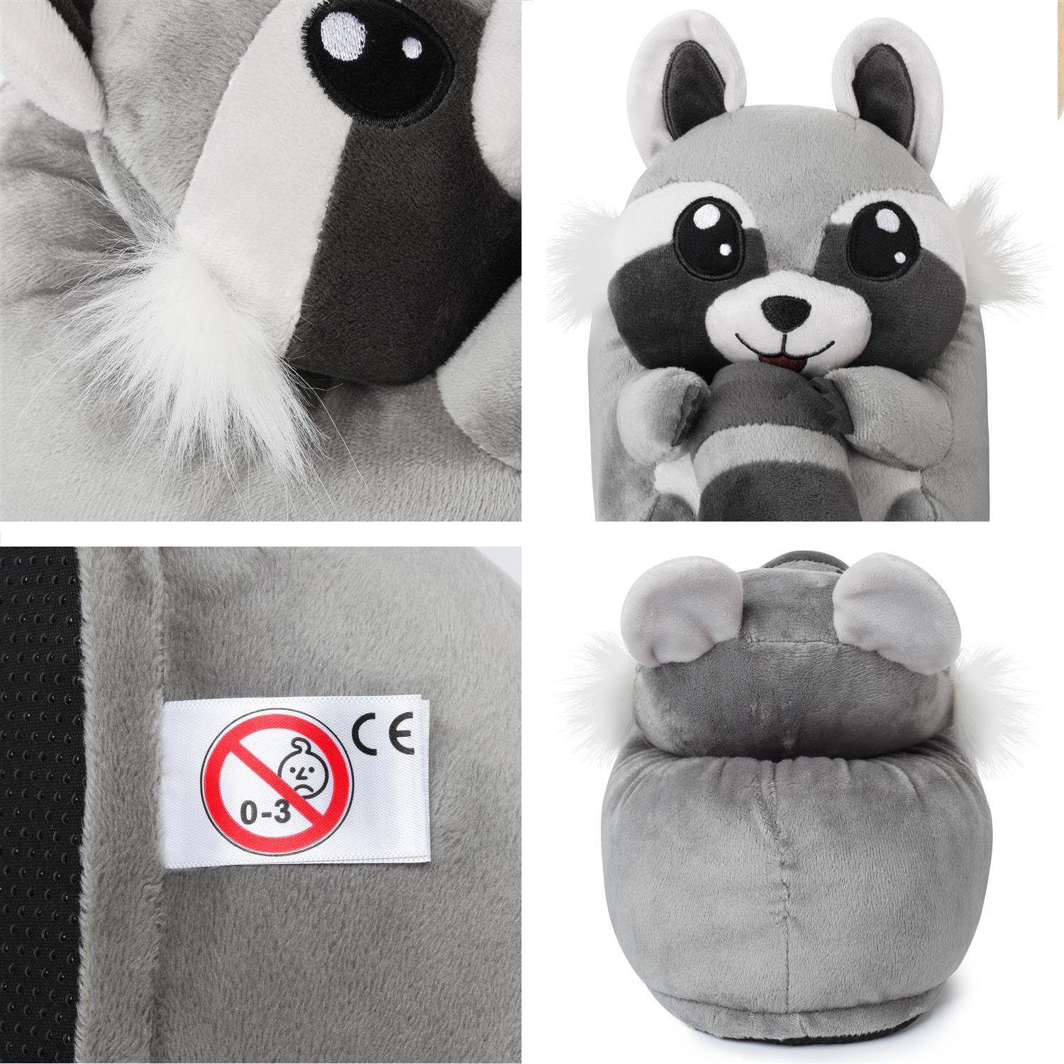 Corimori Tier Pantoffeln für Kinder Einheitsgröße 25-33,5 Plüsch Hausschuhe (Packung, Geschenk) EU Einheitsgröße 25-33,5 Waschbär Lina für Kinder, Jungen, Mädch – Bild 3 von 5