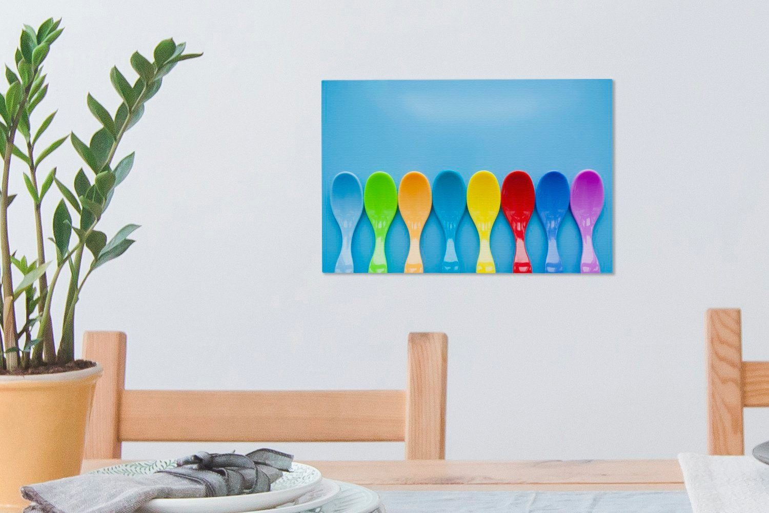 OneMillionCanvasses® Leinwandbild Hintergrund, leere blauem cm Farbige 30x20 Aufhängefertig, (1 Wanddeko, St), Löffel Leinwandbilder, auf Wandbild
