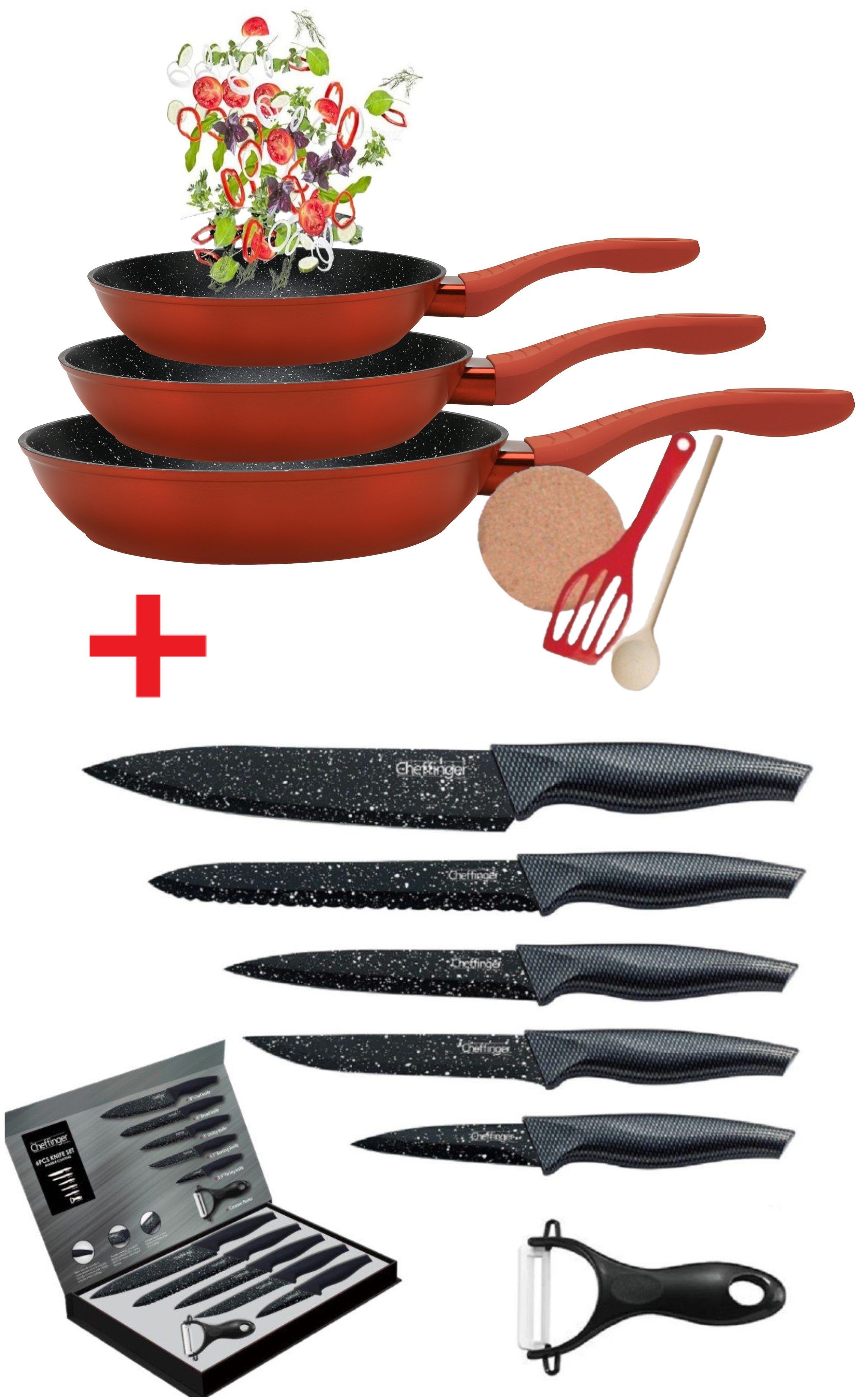 KESSMANN Pfannen-Set Induktion Pfannen 20cm 24cm 28cm mit Zubehör 6tlg + Messerset 6tlg, Aluminium (Set, 12-tlg., Inkl. 1 Pfannenwender + 1 Kork-Untersetzer + 1 Holzlöffel Antihaft), Pfannenset alle Herdarten Induktionsherd Messerblock Küchen Messer