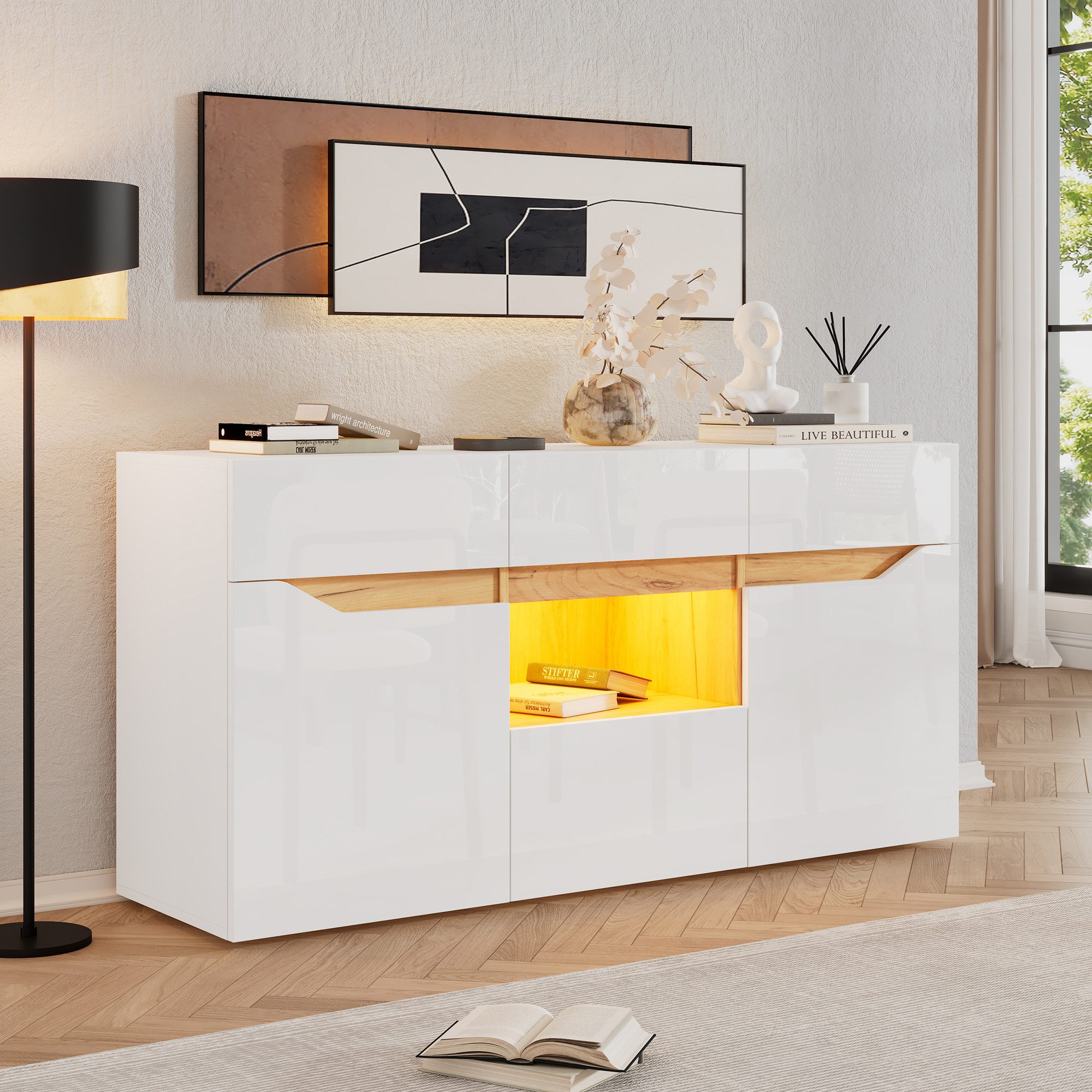MODFU Sideboard 140x40x70 cm mit LED-Beleuchtung (Wohnzimmeranrichte, Kommode, 1 St., zwei Türen, vier Schubladen), mit LED-Beleuchtung, 140*40*70cm