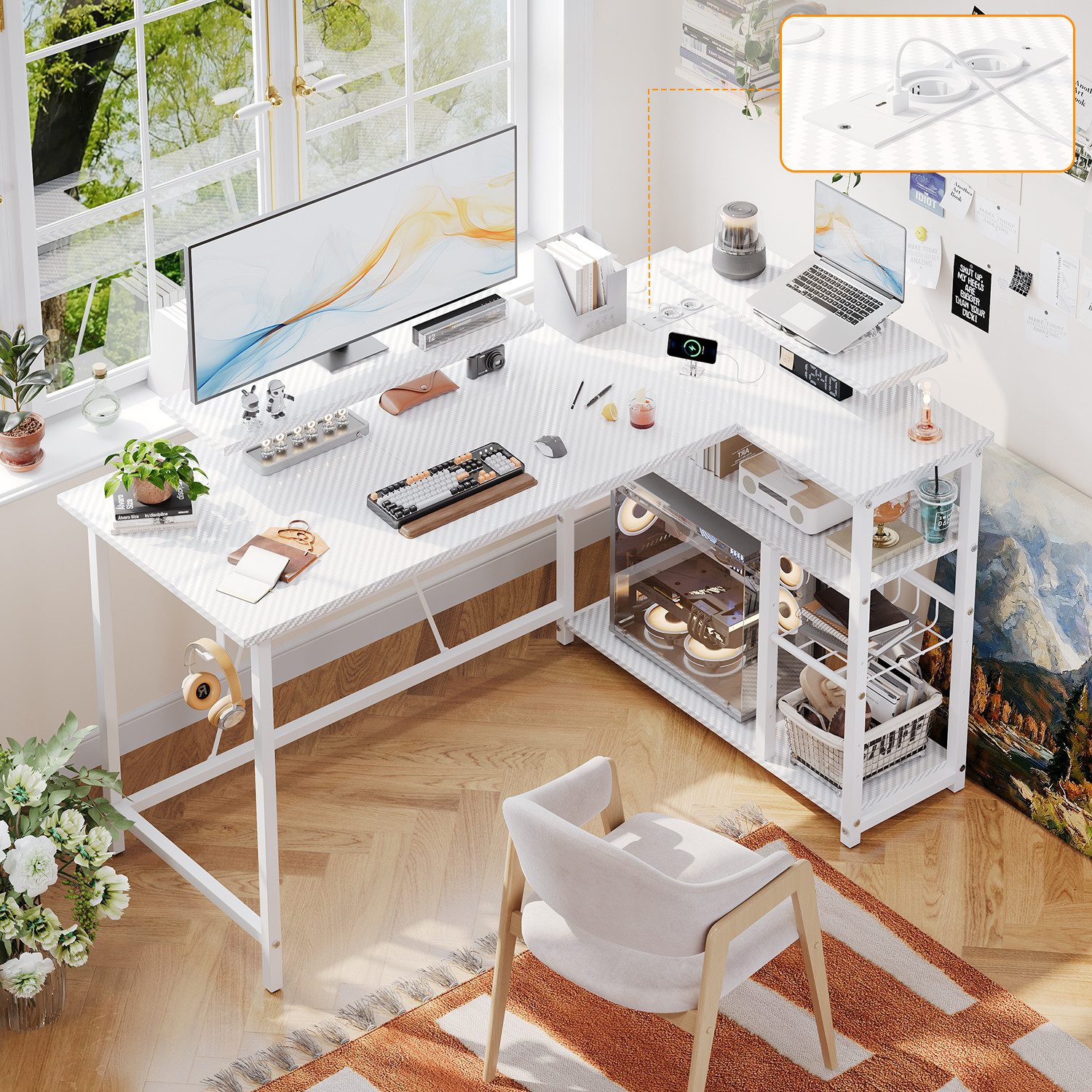 Furnicopia Eckschreibtisch L-förmiger Gaming-Schreibtisch mit Stauraum, Steckdosen und LED (120/140 cm großer Schreibtisch mit zwei Monitorhalterungen, zwei Abl – Bild 2 von 5
