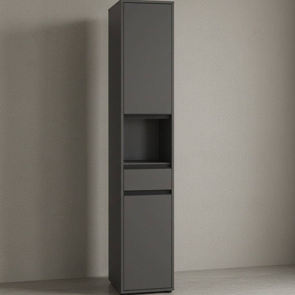 KADIMA DESIGN Hochschrank Hochschrank HAMBURG, Soft-Close Türen & Schublade, Made in Germany (Styroporfreie Verpackung, Green Living, Wandbefestigung empfohlen, Bad) Badschrank mit ABS-Schutzkanten, Türanschlag wechselbar, Matt-Optik