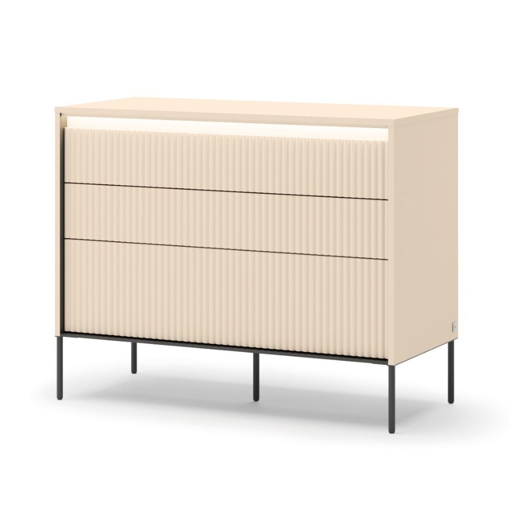 Compleo Kommode mit 3 Schubladen FLORE, Beige modern Kommode mit LED und Lamellen