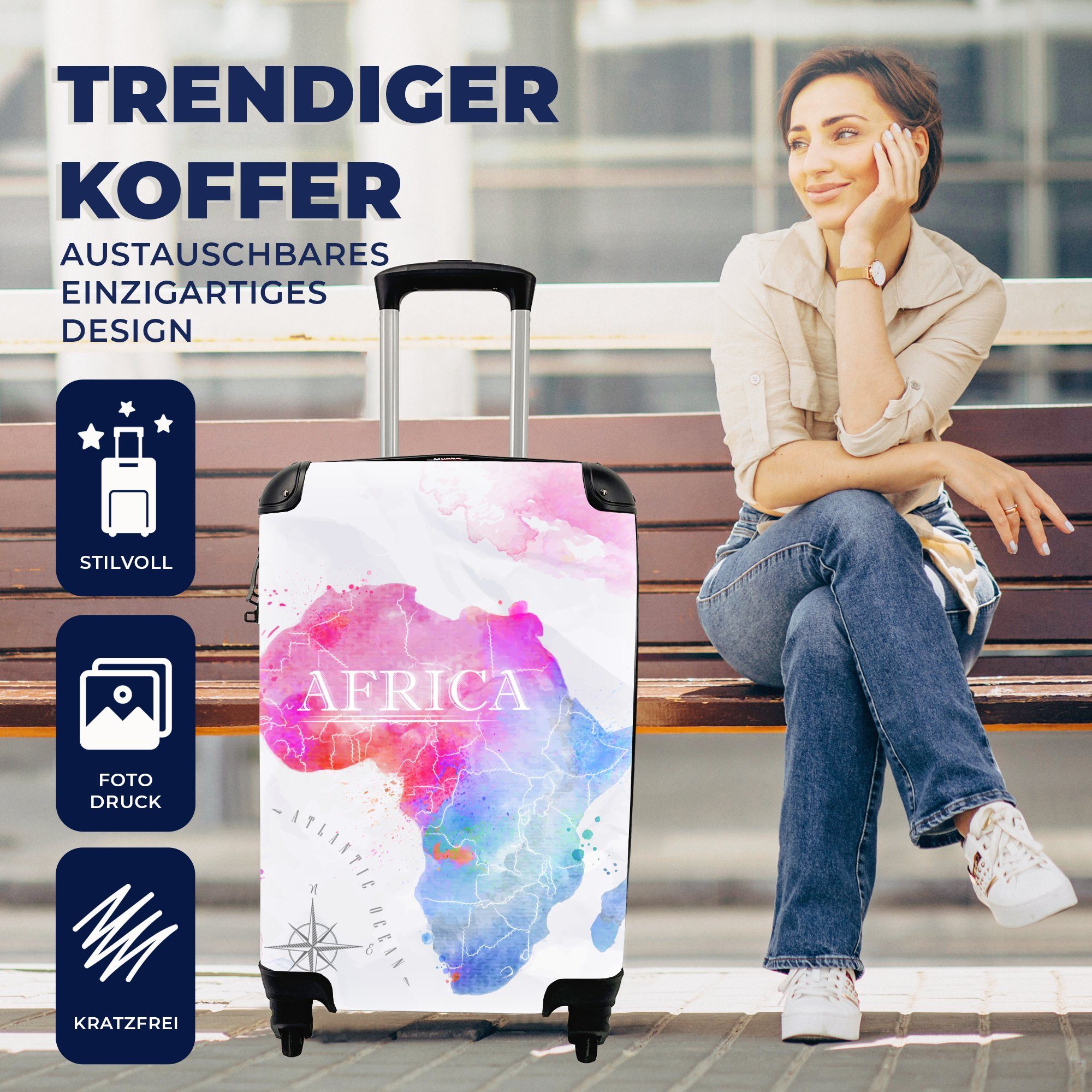 Reisetasche MuchoWow - Reisekoffer für Aquarell Afrika, Ferien, mit 4 - Trolley, rollen, Rollen, Handgepäckkoffer Handgepäck Weltkarte