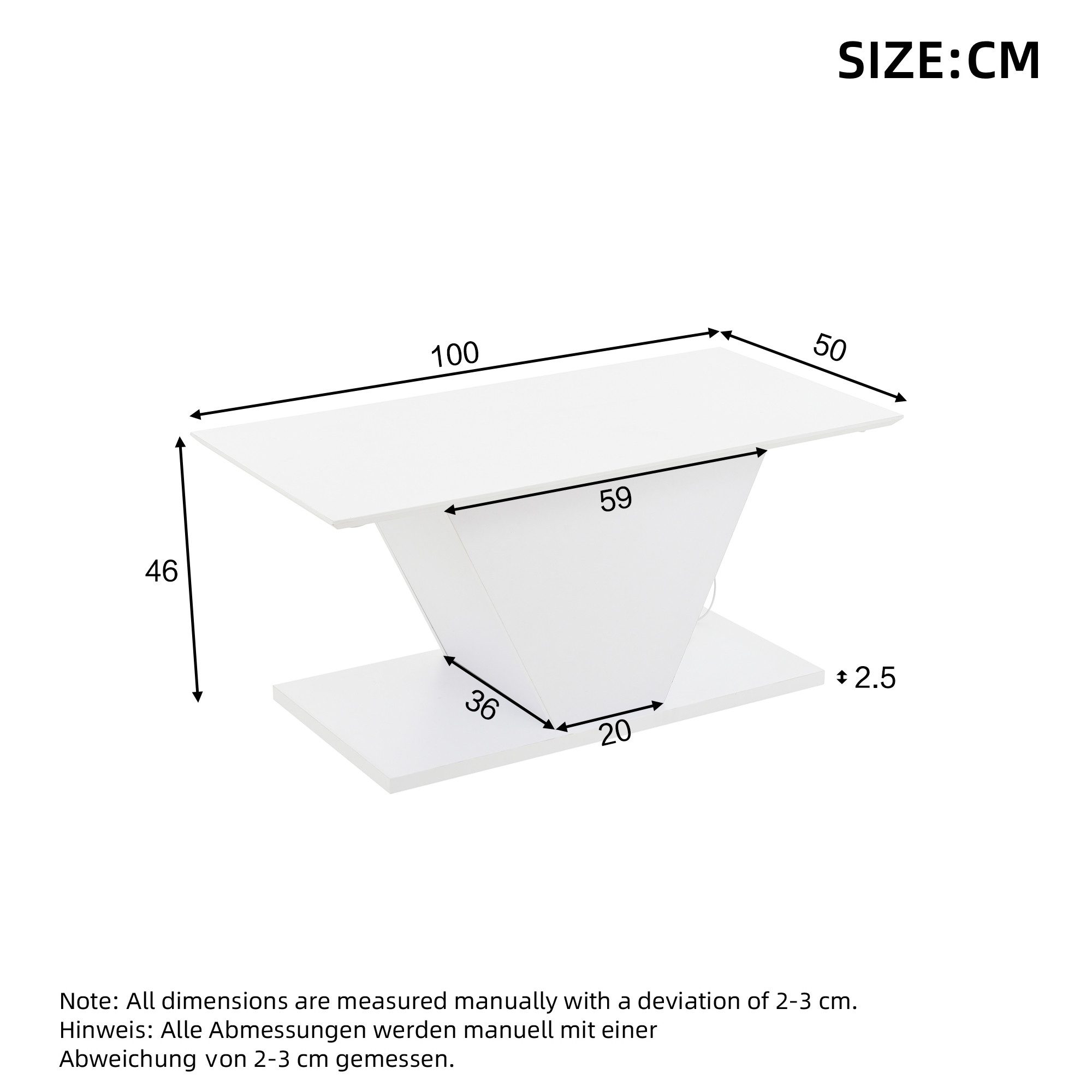 KLAM HOME Couchtisch 100*50*46 cm Couchtisch Sonderform, Kaffeetisch mit LED-Leuchten (hochglänzende Wohnzimmertisch, Sofatisch,Beistelltisch), geeignet für kleine Räum,Weiß,V-Form