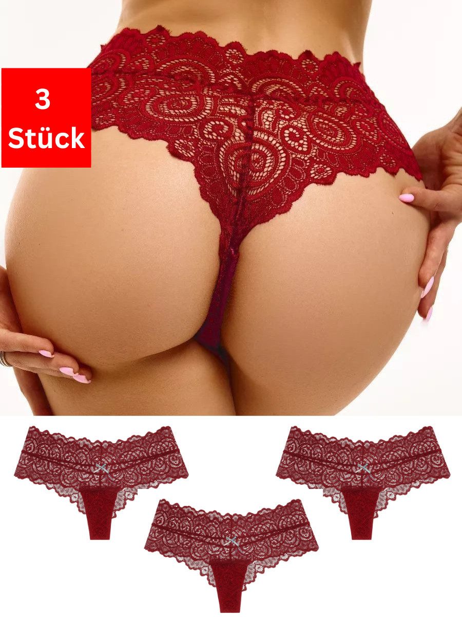 Elegant Love Tangaslip Sexy Damen Dessous, Slip, Panties, Unterwäsche in Spitzenoptik (Packung, 3-St., 3er-Pack) Tanga / V-String mit Schleife – feminines Lingerie-Höschen aus Spitze