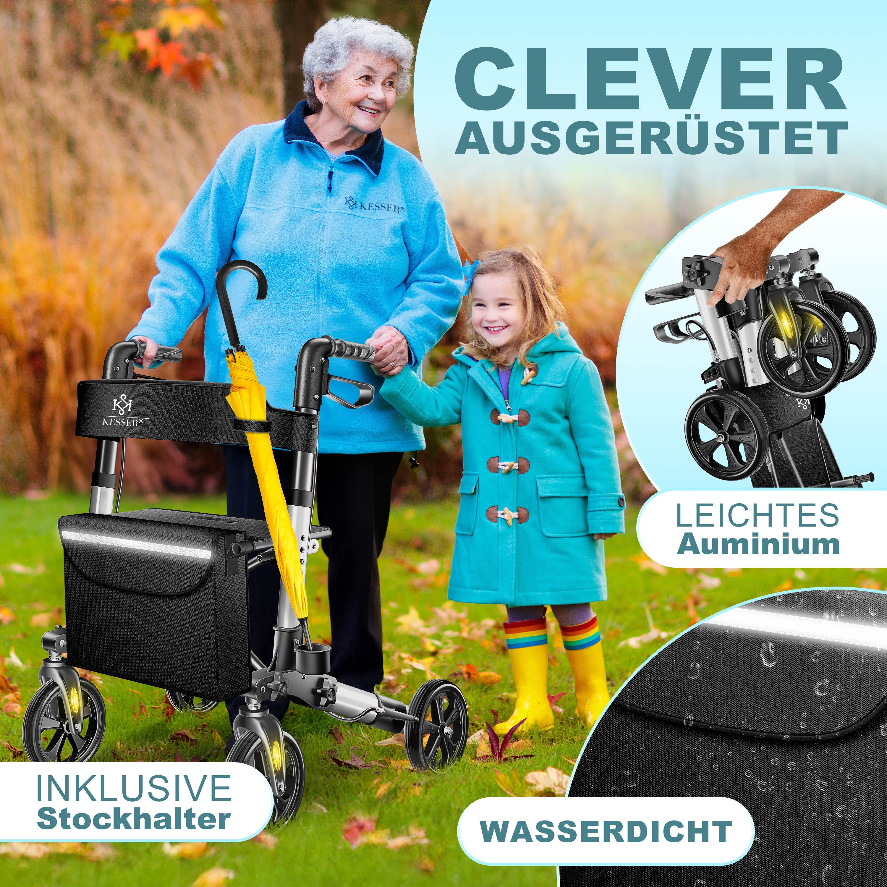 KESSER Rollator Aluminium – faltbar, höhenverstellbar & bis 136 kg belastbar, wetterbeständig, Tasche, Stockhalter, Reflektoren, 360° Gelände Reifen