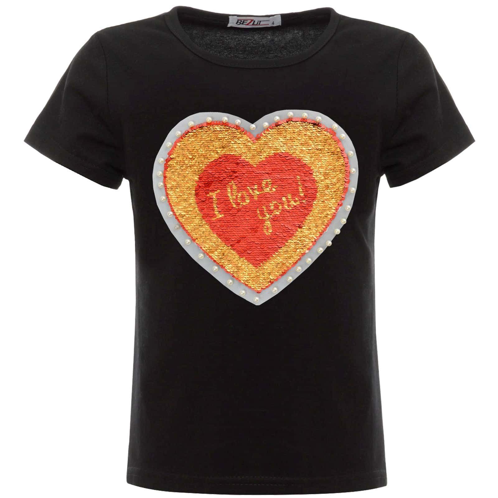 BEZLIT Paillettenshirt Mädchen T-Shirt Wende Pailletten Herz Motiv (1-tlg) mit Wendepailletten, mit Kunstperlen Schwarz