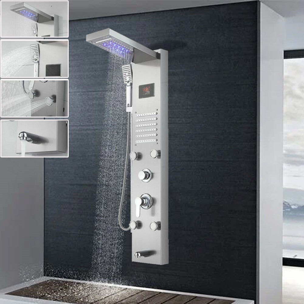 XERSEK Duschsystem Duschpaneel mit Armatur, LED Display,5 in 1 Duschset Duschsystem, 5 Strahlart(en), Wasserfalldusche,Duscharmatur,Wasserfalldusche,Überkopfbrausset,Handbrause,Temperaturanzeige, 5 Strahlart(en),Regendusche Set Duschset, Handbrause,aus Messing und Edelstahl