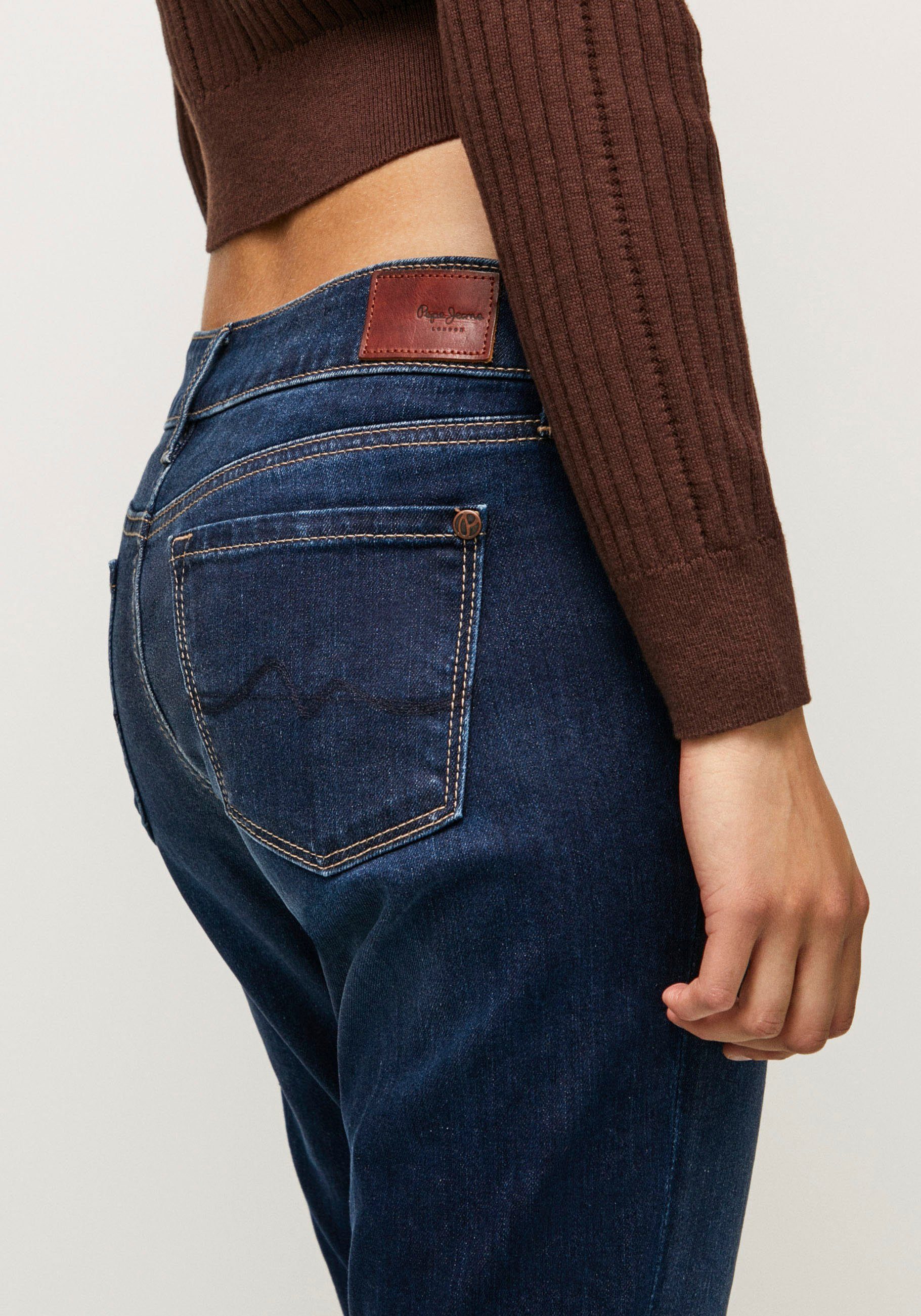 Pepe Jeans 5-Pocket-Stil USED Skinny-fit-Jeans Bund im und Stretch-Anteil mit SOHO DARK 1-Knopf