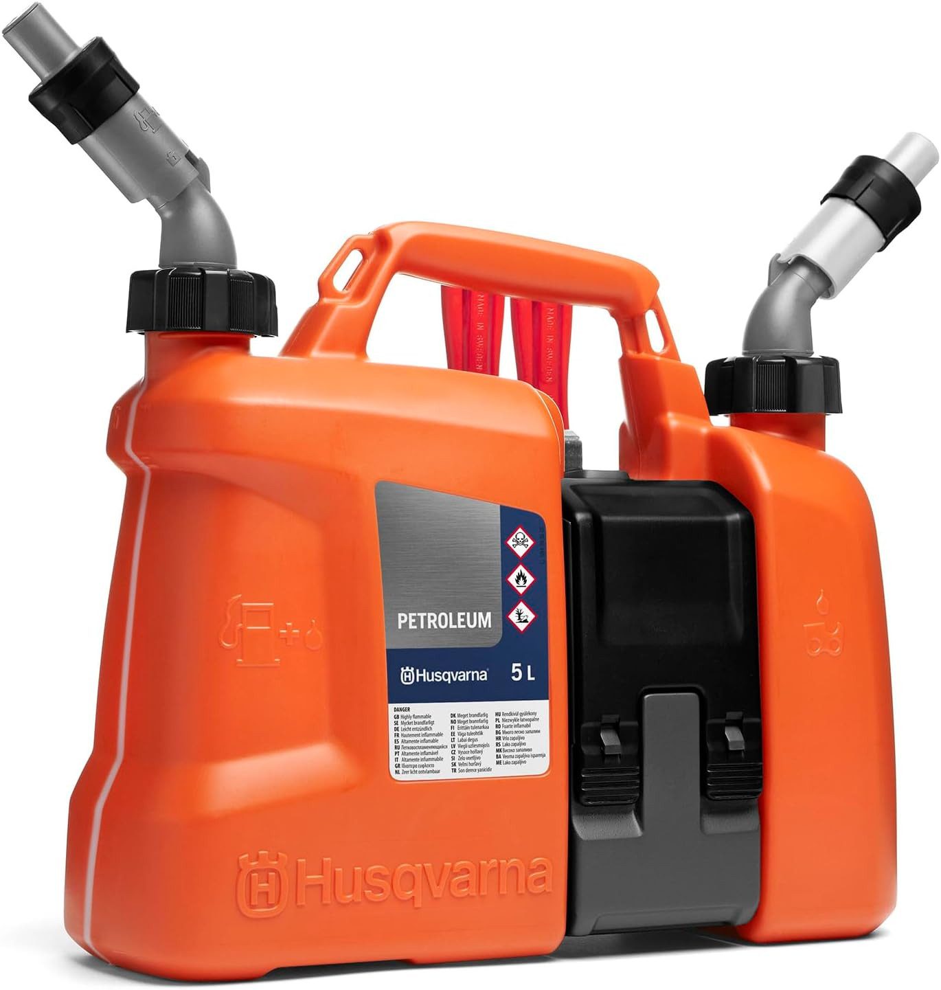 Husqvarna Benzinkanister Dual-Kammer Kombikanister, Dual-Kammer, integrierte Werkzeugbox, auslaufsichere Ausgießer