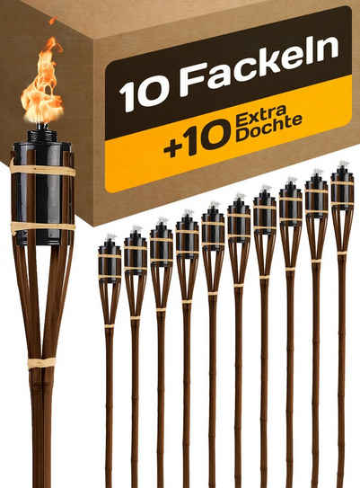 Praknu Gartenfackel 10 Gartenfackeln Draußen Bambus Braun 90 cm Fackeln für Garten, Feuer, Lange Brenndauer - Mit Öl Nachfüllbar - 10 extra Dochte - Party Deko