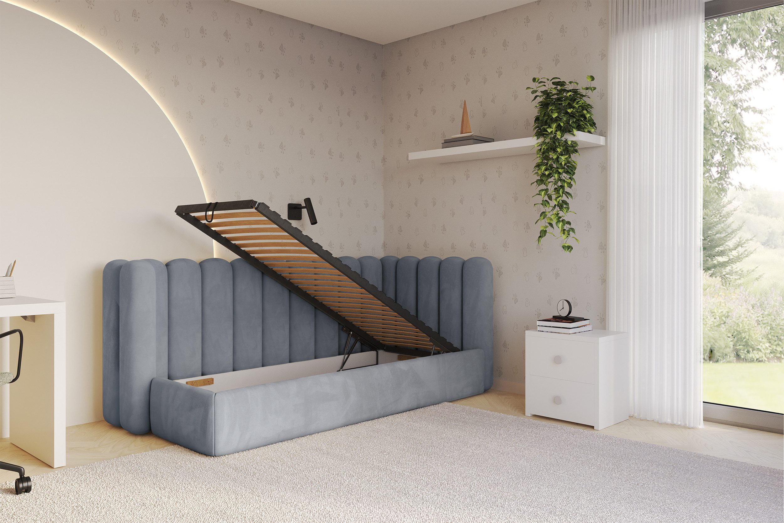 ALTDECOR Jugendbett HUGY (Jugendbett mit Bettkasten und Lattenrost, Polsterbett ohne Matratze), Einzelbett mit Stauraum, Bett mit Kopfteil