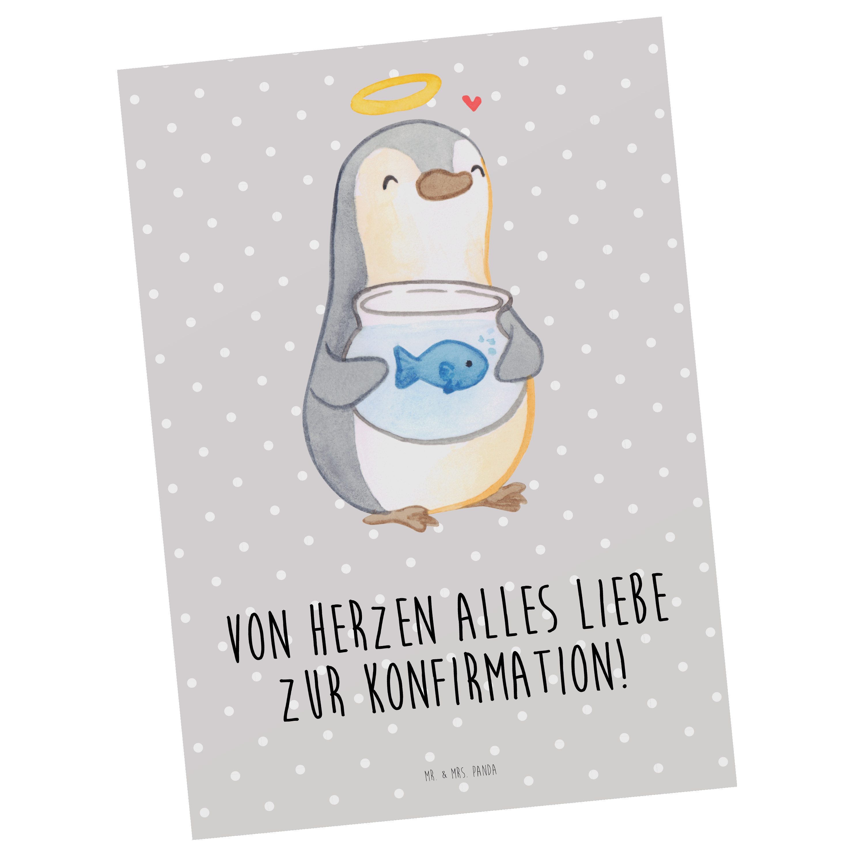 Mr. & Mrs. Panda Postkarte Pinguin Fisch - Grau Pastell - Geschenk, Konfirmation Geschenk, Karte