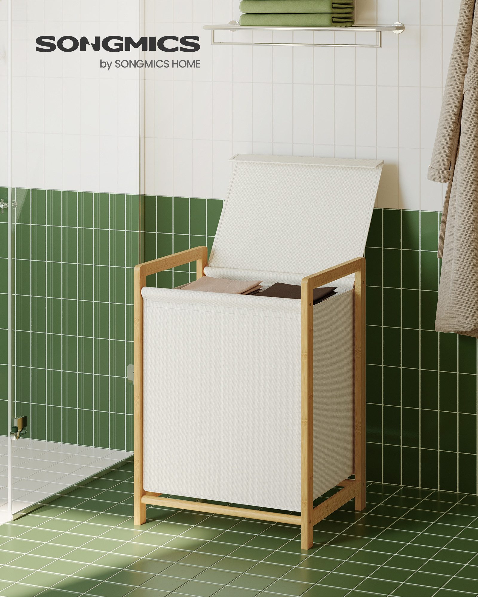 SONGMICS Wäschekorb Wäschesammler mit Bambusrahmen, verstärkter und abnehmbarer Deckel, 2 Fächer, Wäschesack abnehmbar, Wäschesortierer 100 L, 45 x 40 x 78 cm