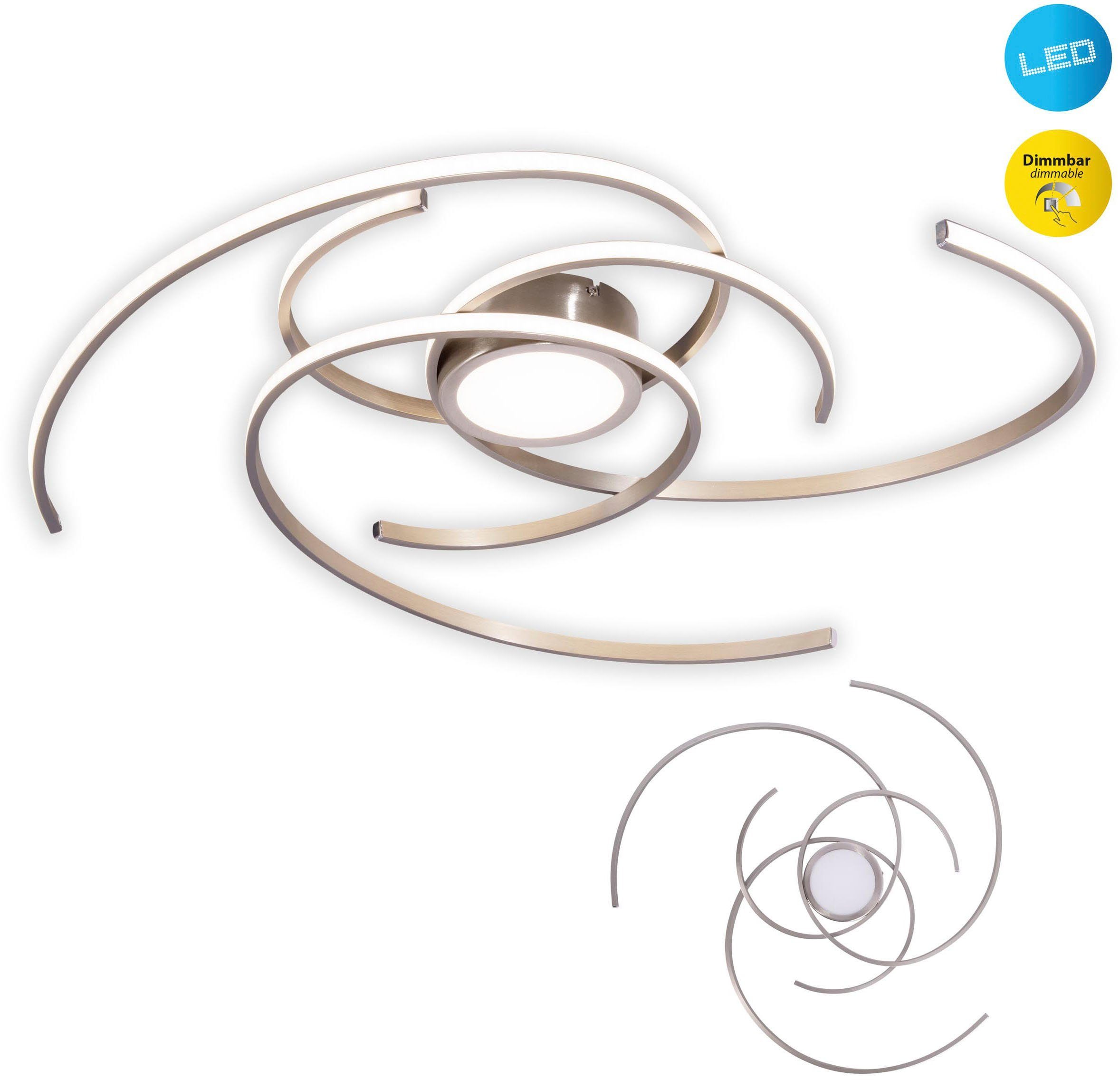 näve LED Deckenleuchte Radon, Dimmfunktion, LED fest integriert, Warmweiß, Deckenlampe, warmweiß, 35W, 3-Stufen-dimmbar, D: 75cm, satin-nickel