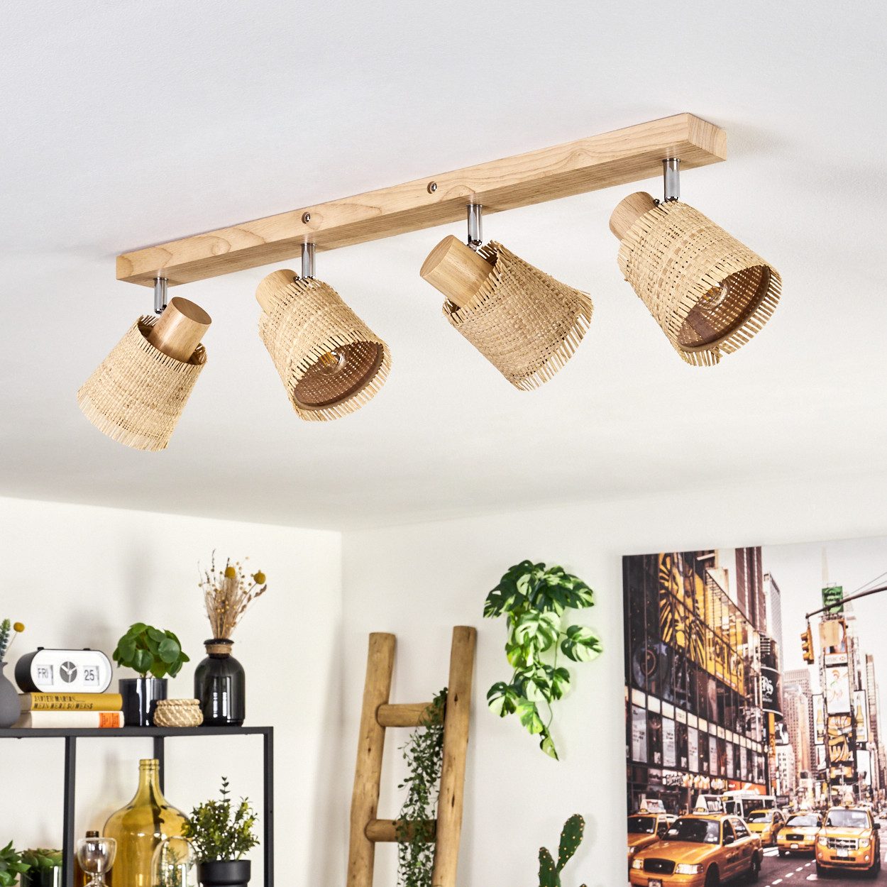 hofstein Deckenleuchte Deckenlampe aus Holz/Metall/Bast in Hellbraun/Chrom-/Naturfarben, ohne Leuchtmittel, mit verstellbaren Strahlern, 4 x E14, ohne Leuchtmit – Bild 3 von 5
