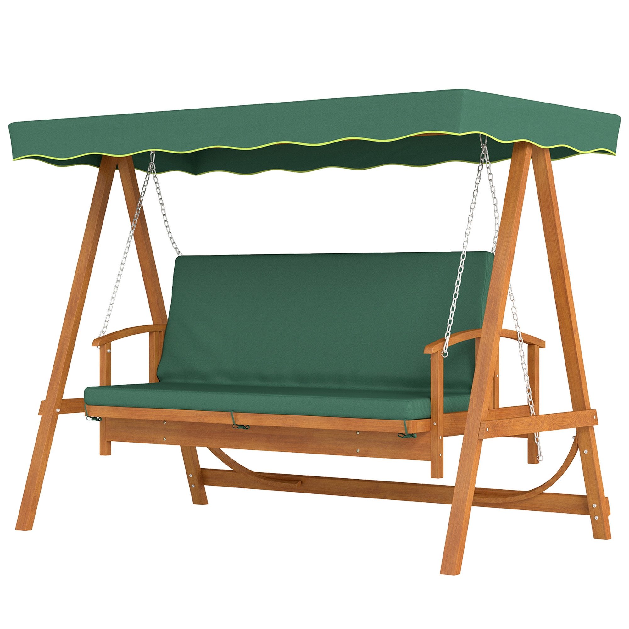 MC Star Hollywoodschaukel Hollywoodschaukel mit Sonnendach. Echtholz-Gartenschaukel, Schaukelbank mit Liege-Funktion. für 3 Personen. Dunkelgrün