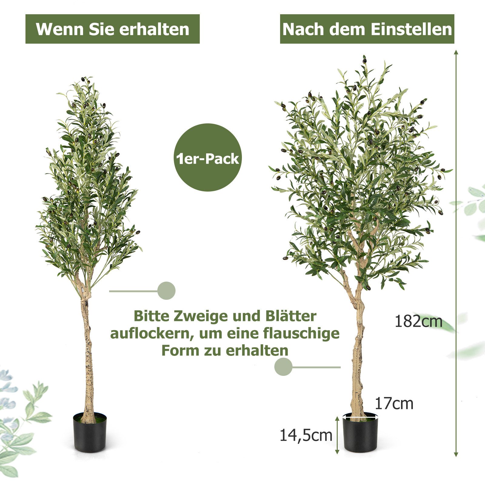 Kunstpflanze Olivenbaum, COSTWAY, Höhe 182 cm, 1er, mit 72 Früchten
