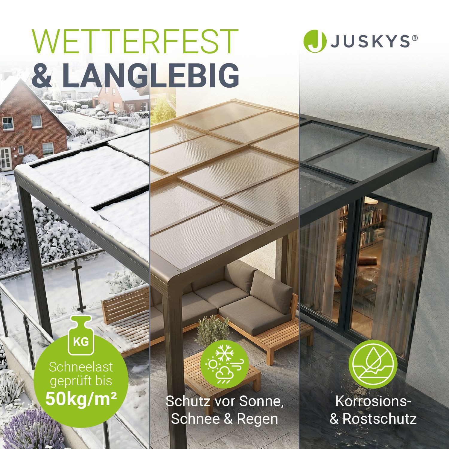 Juskys Terrassendach Jakarta, BxT: 300x300 cm, mit Schiebefenster, inkl. Fallrohr und Fußboden Verankerung
