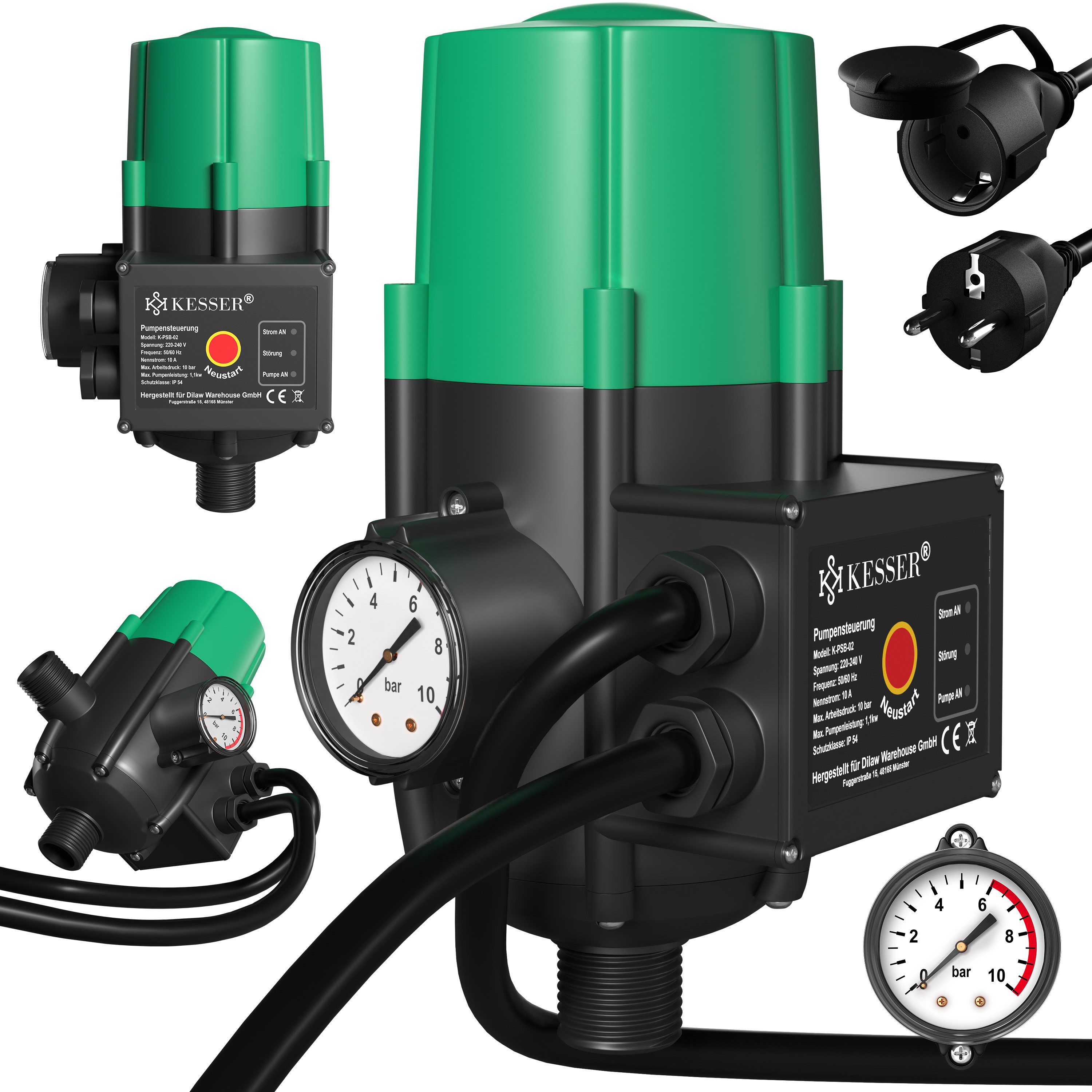 KESSER Wasserpumpe, Pumpensteuerung mit Baranzeige mit Kabel 10 bar Druckwächter
