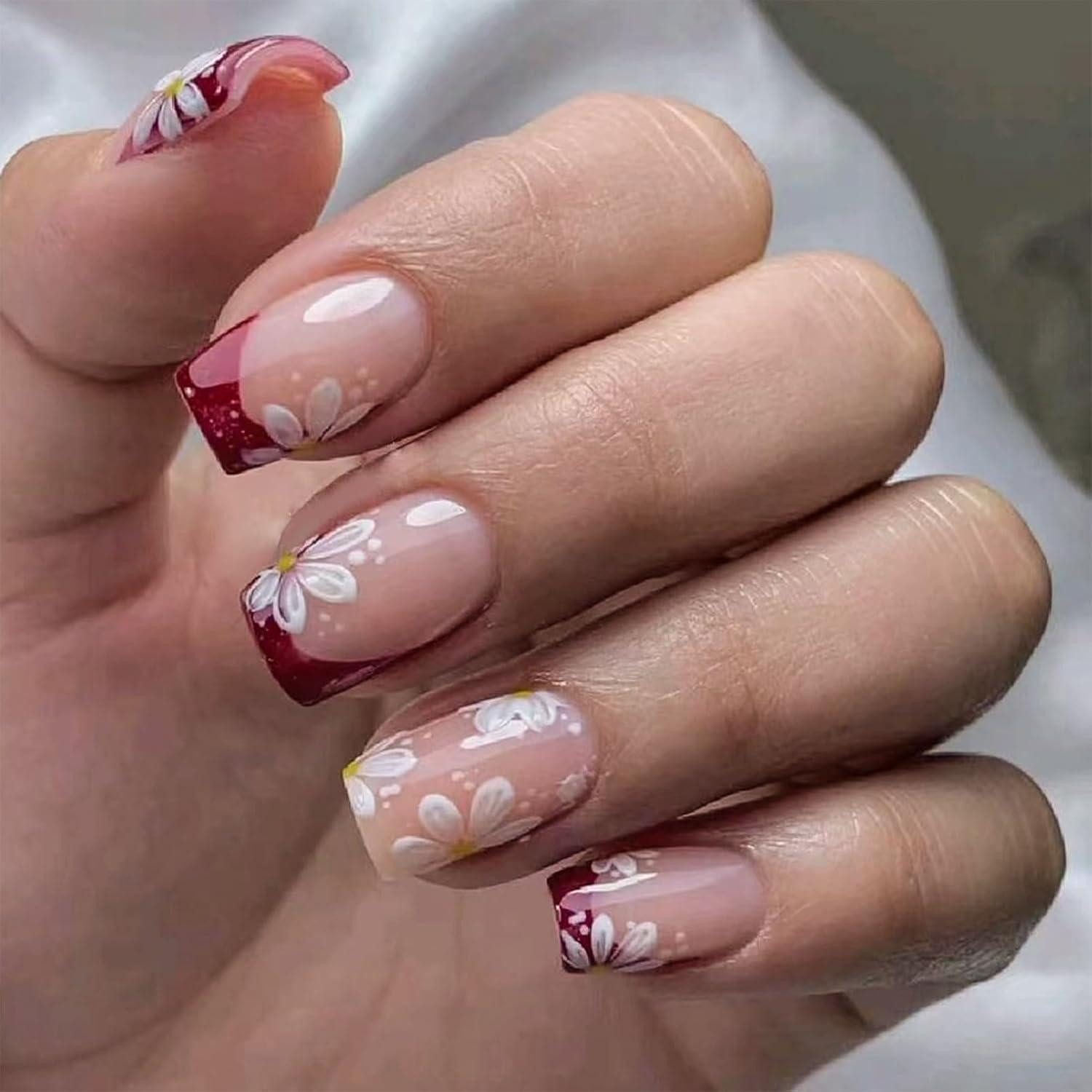 LuxusKollektion Kunstfingernägel Künstliche Nägel Square Kurz Fullcover Rot Kante Weiß Red Flower