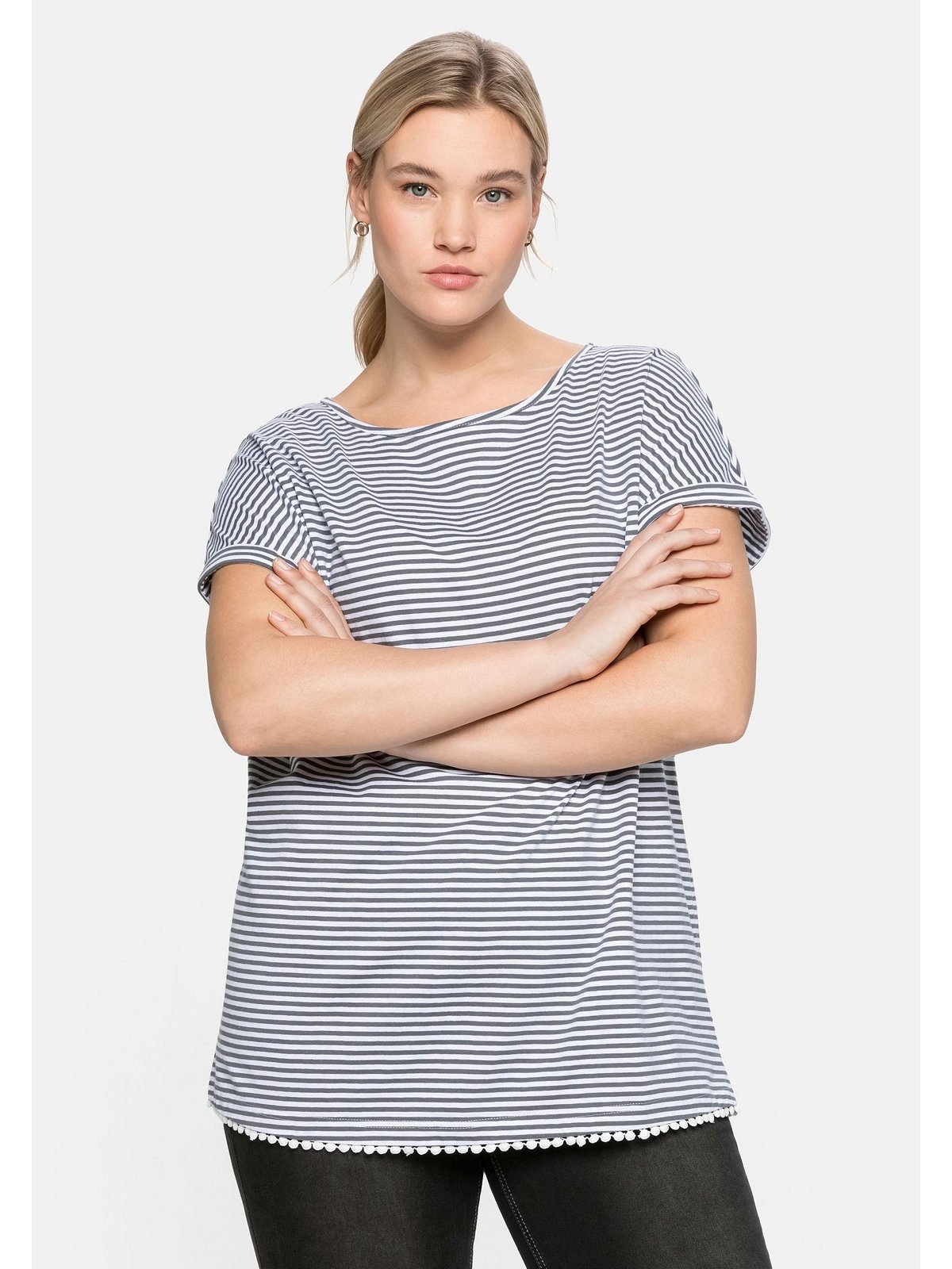 mit rauchgrau Größen und Oversize-Shirt am garngefärbten Dekokante Sheego Saum Große Ringeln