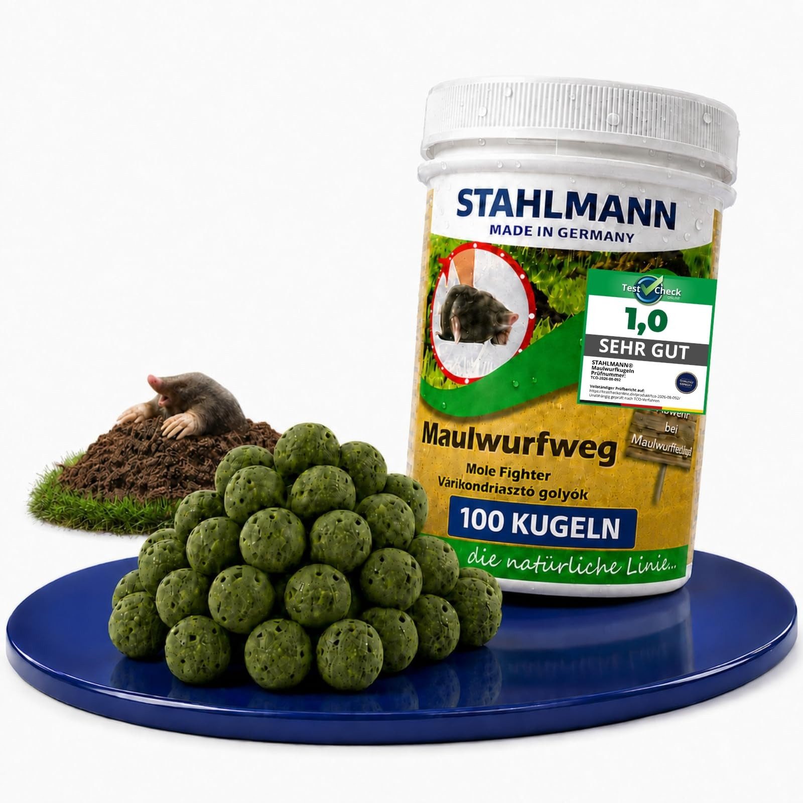 STAHLMANN Vergrämungsmittel Maulwurf Power Kugeln [100 Stück] Maulwürfe vertreiben, 100-St., 100 Kugeln, Zitroneneukalyptusöl, ohne Falle und Gas
