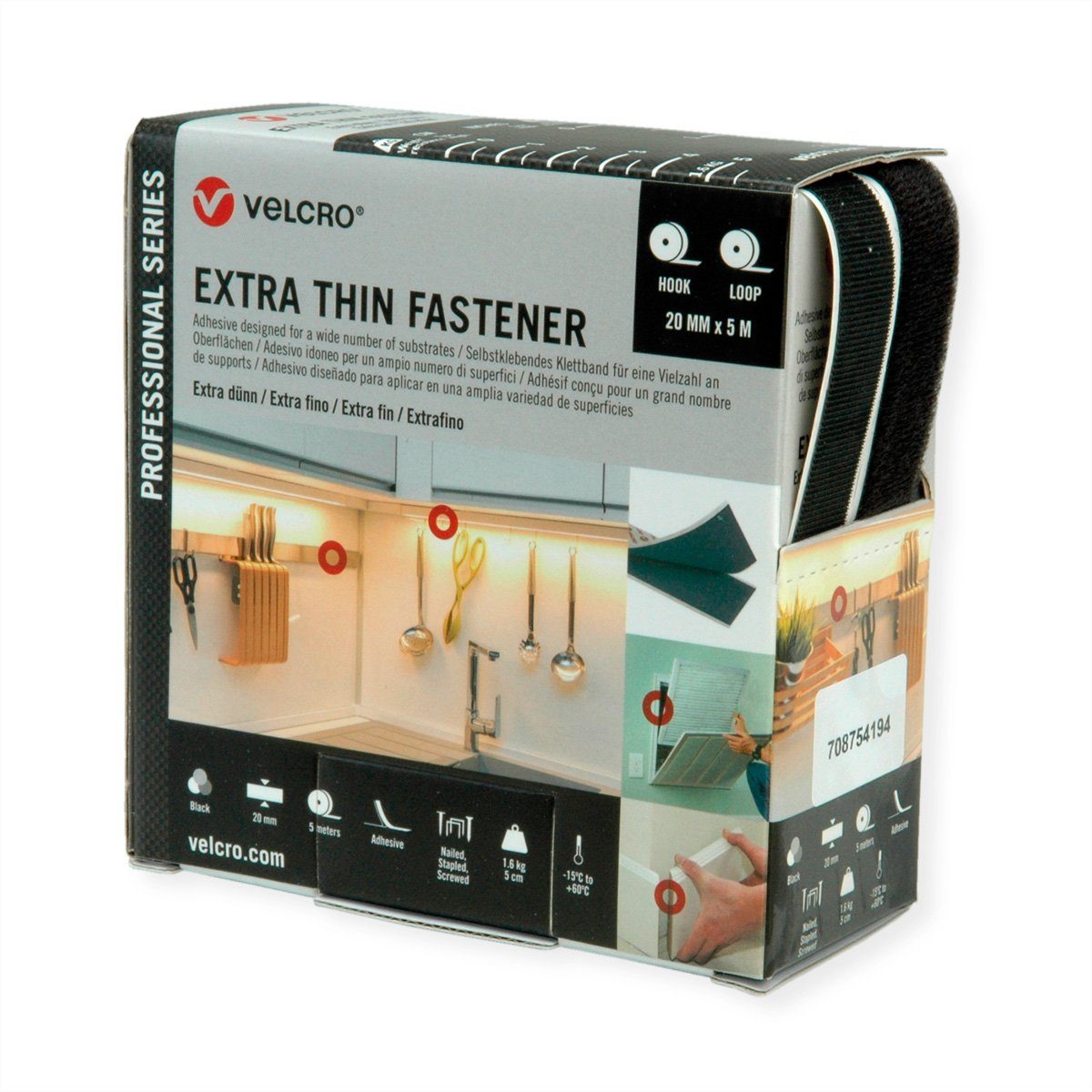 VELCRO Kabelbinder Extra Thin Fastener 5m Hakenband 5m Flauschband Haken & Flausch 20mm schwarz, VEL-PS20020