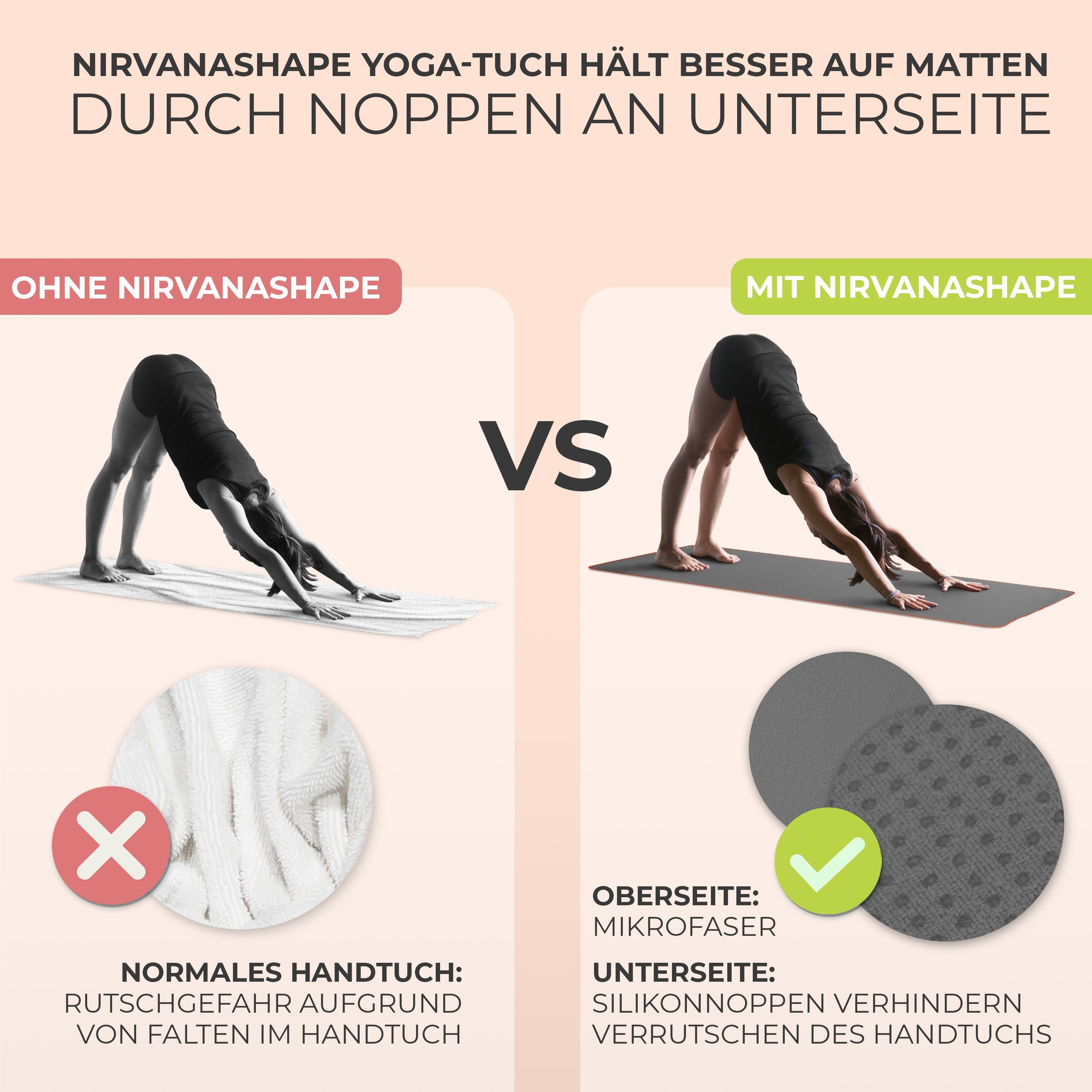 NirvanaShape Sporthandtuch Yoga Handtuch mit Antirutsch-Noppen, Yogatuch-Auflage für Yogamatte, Microfaser, +Yoga Einführungs eBook, Yogatuch-Auflage Saugstark, Hygienisch