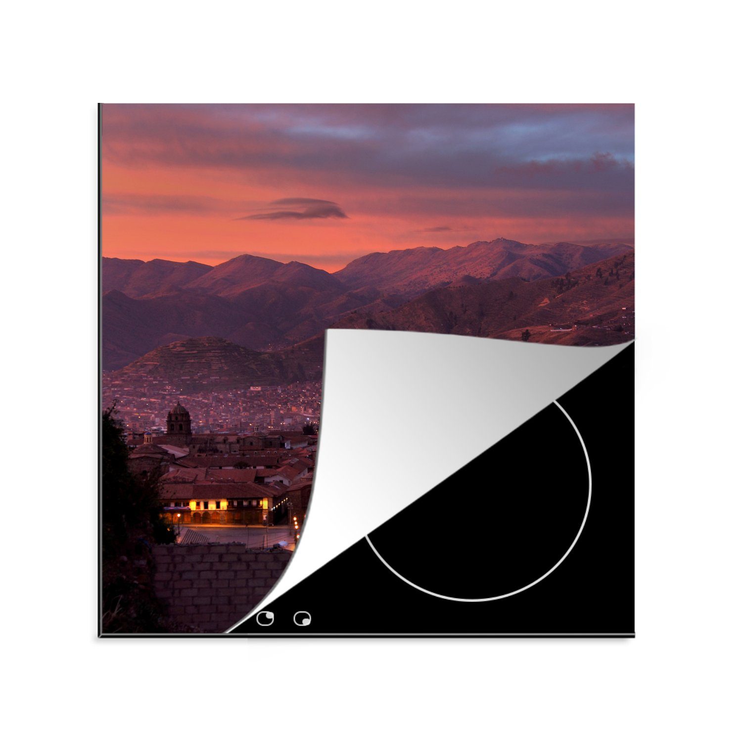 MuchoWow Herdblende-/Abdeckplatte Sonnenuntergang in der Stadt Cuzco in Peru, Vinyl, (1 tlg), 78x78 cm, Ceranfeldabdeckung, Arbeitsplatte für küche