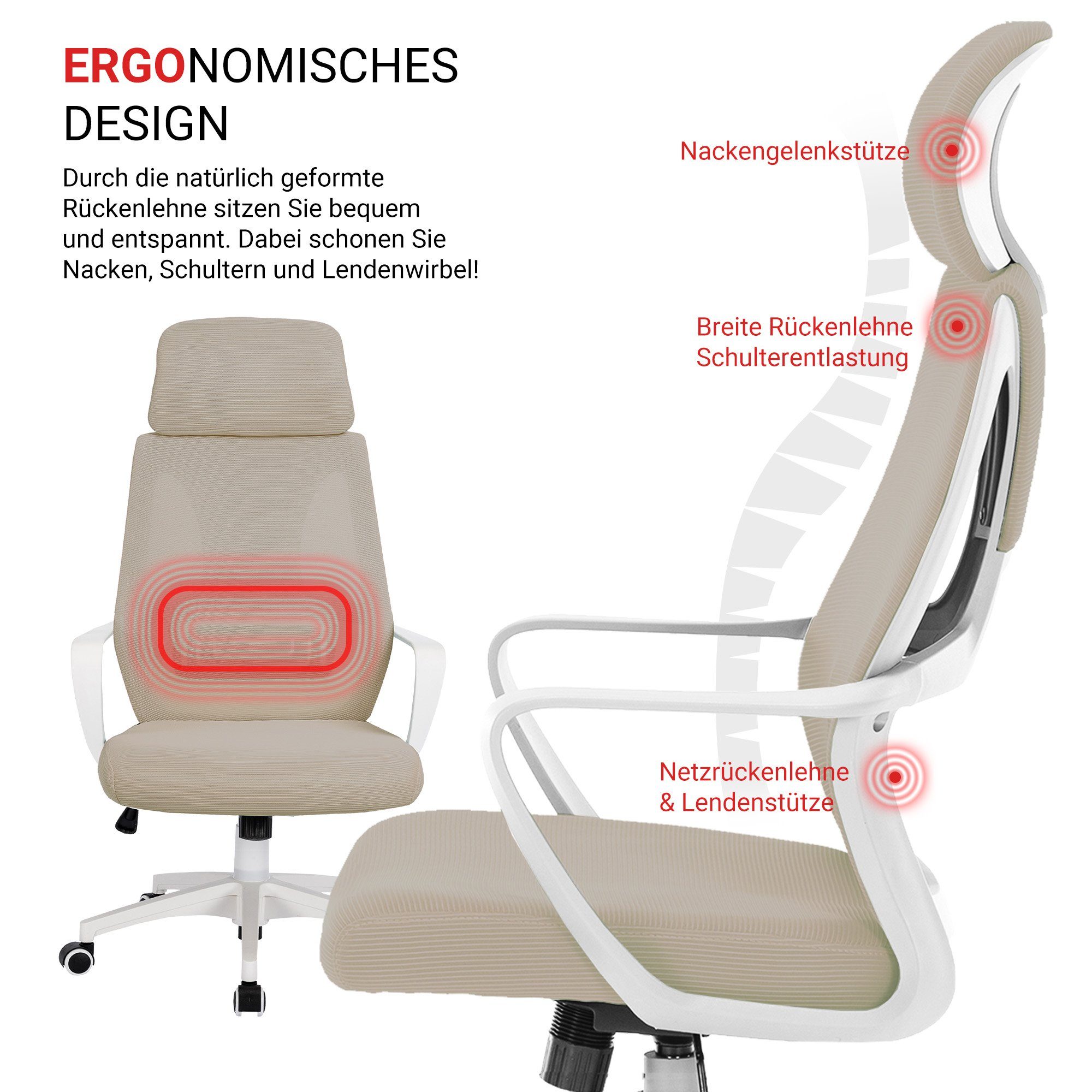 Lordosenstütze Drehstuhl Caspian Stück), und (1 Drehstuhl TRISENS mit Netzrückenlehne atmungsaktiver Weiß/Taupe