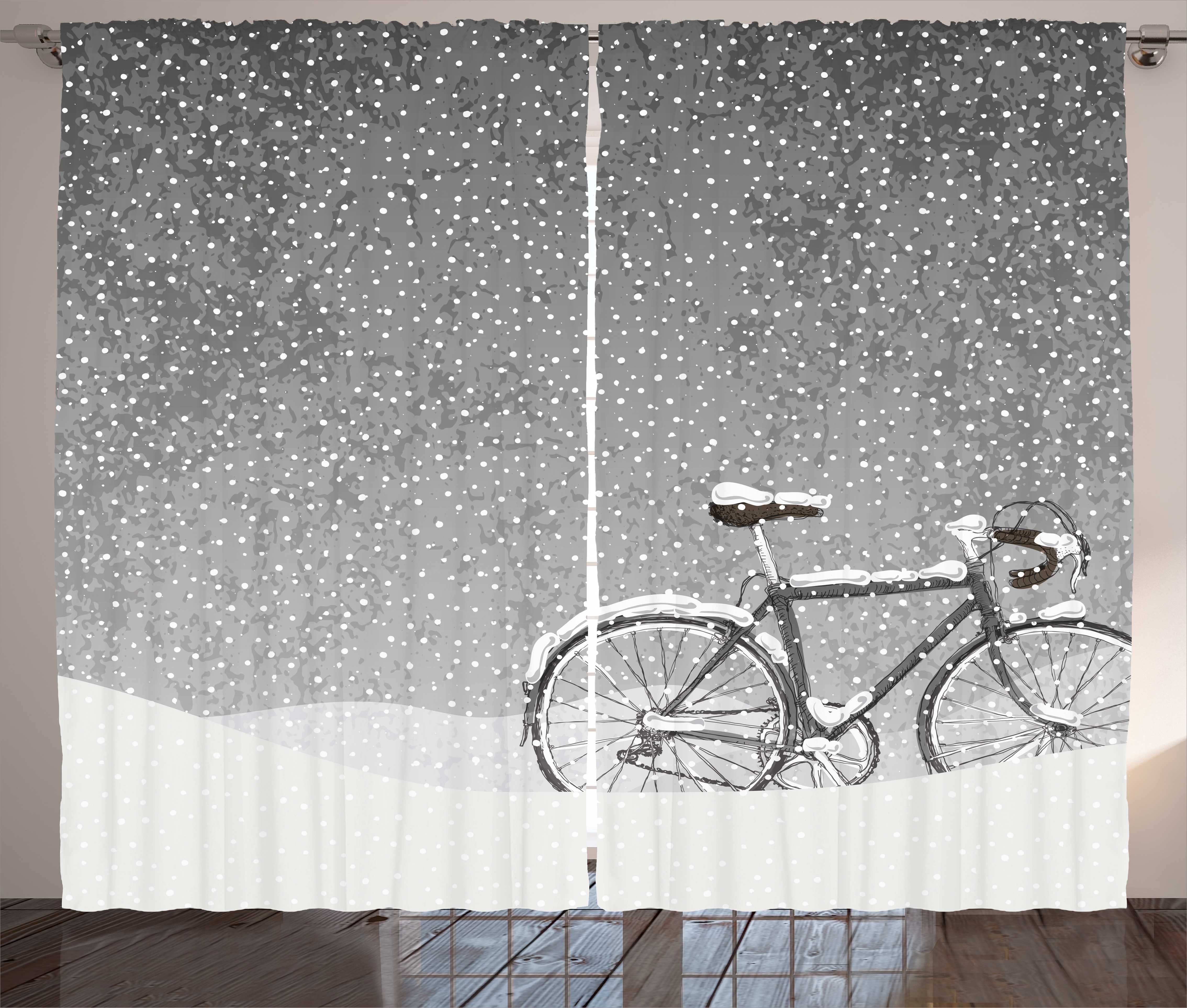 Gardine Schlafzimmer Kräuselband Vorhang mit Schlaufen und Haken, Abakuhaus, Winter Fahrrad Schnee Ruhe Szene