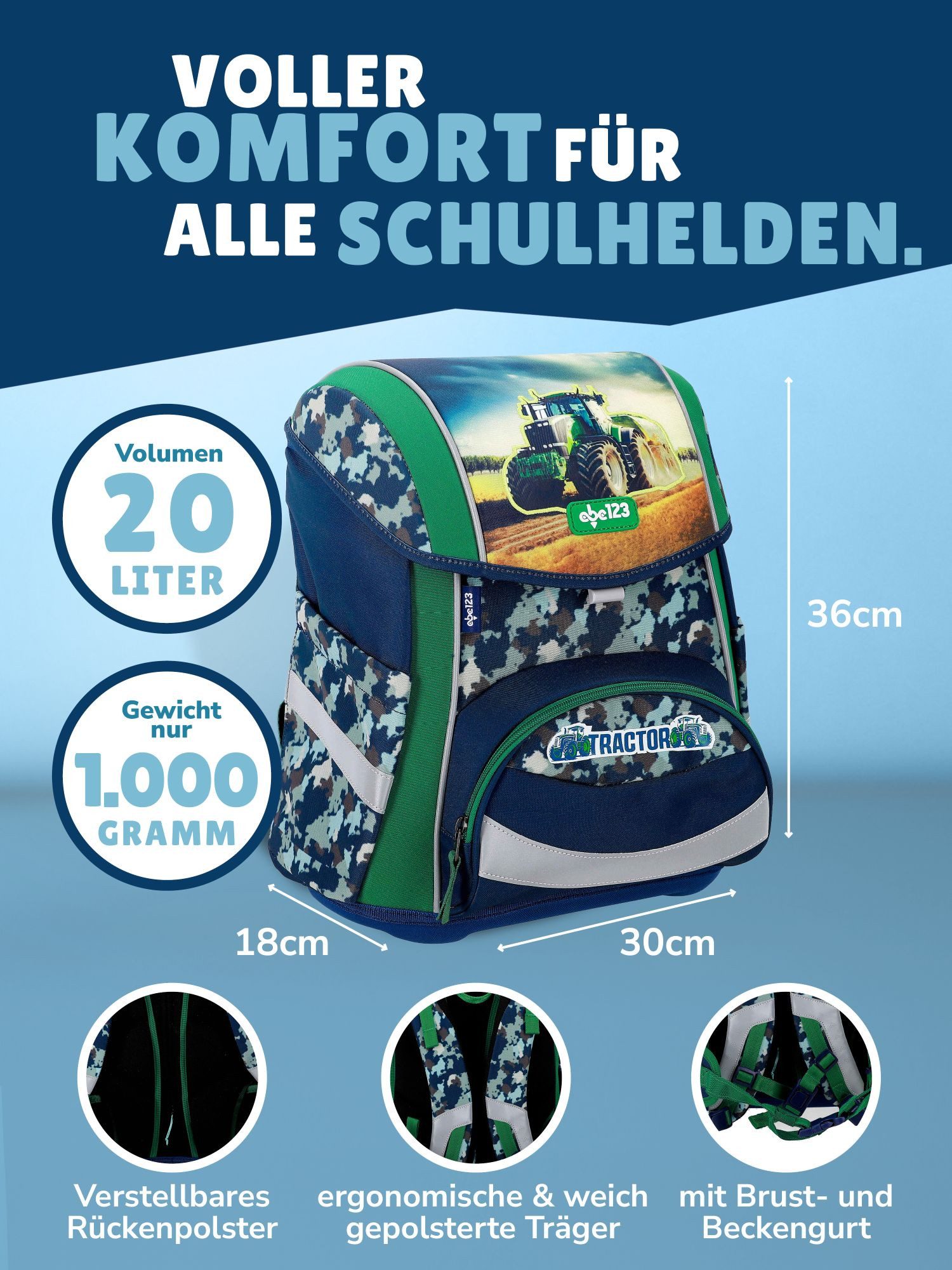 Familando Schulranzen Traktor Schultasche 1. Klasse, leicht, kompakt, ergonomisch (Set, 5-tlg., inkl. Federmäppchen, Schlamper & Turnbeutel), höhenverstellbares Rückenpolster, mit Brust- und Beckengurt