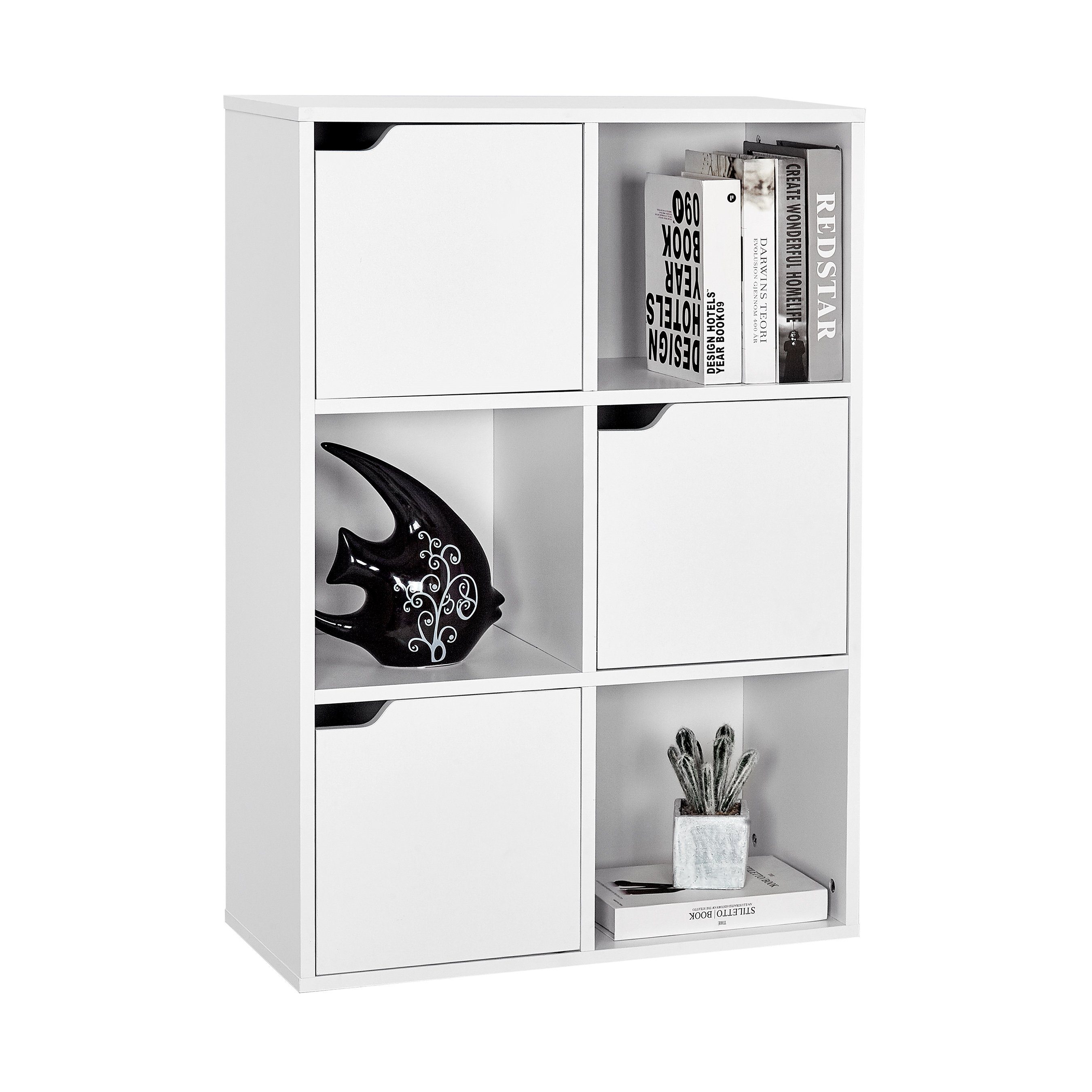 Mondeer Bücherregal Aufbewahrungsregal, Bücherschrank, Regal aus Holz, Sechs Fächer mit 3 Türen – Bild 5 von 5