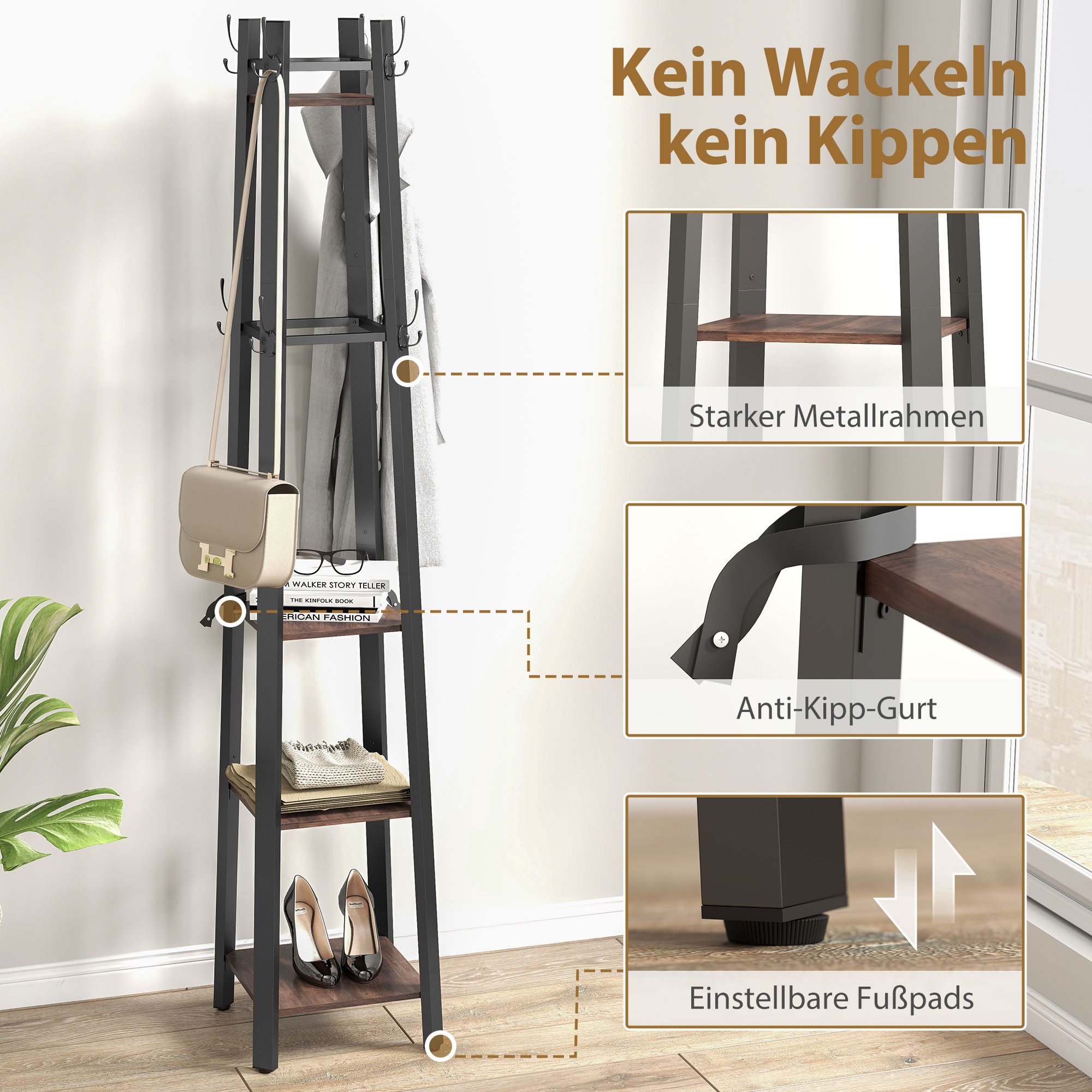 HOMCOM Garderobenständer Kleiderständer mit 4 Ablagen und 8 Haken, (Jackenständer, 1 St., Garderobe), für Kleidung, Tasche und Hut, für Flur und Schlafzimmer Braun