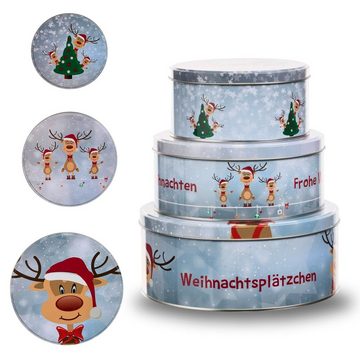 Bada Bing Keksdose Plätzchendose Rudolph Rentier Aufbewahrung für Weihnachtsplätzchen, Metall, (runde Metalldosen, 3-tlg., 3er Set ineinander stapelbar), drei verschiedene größen