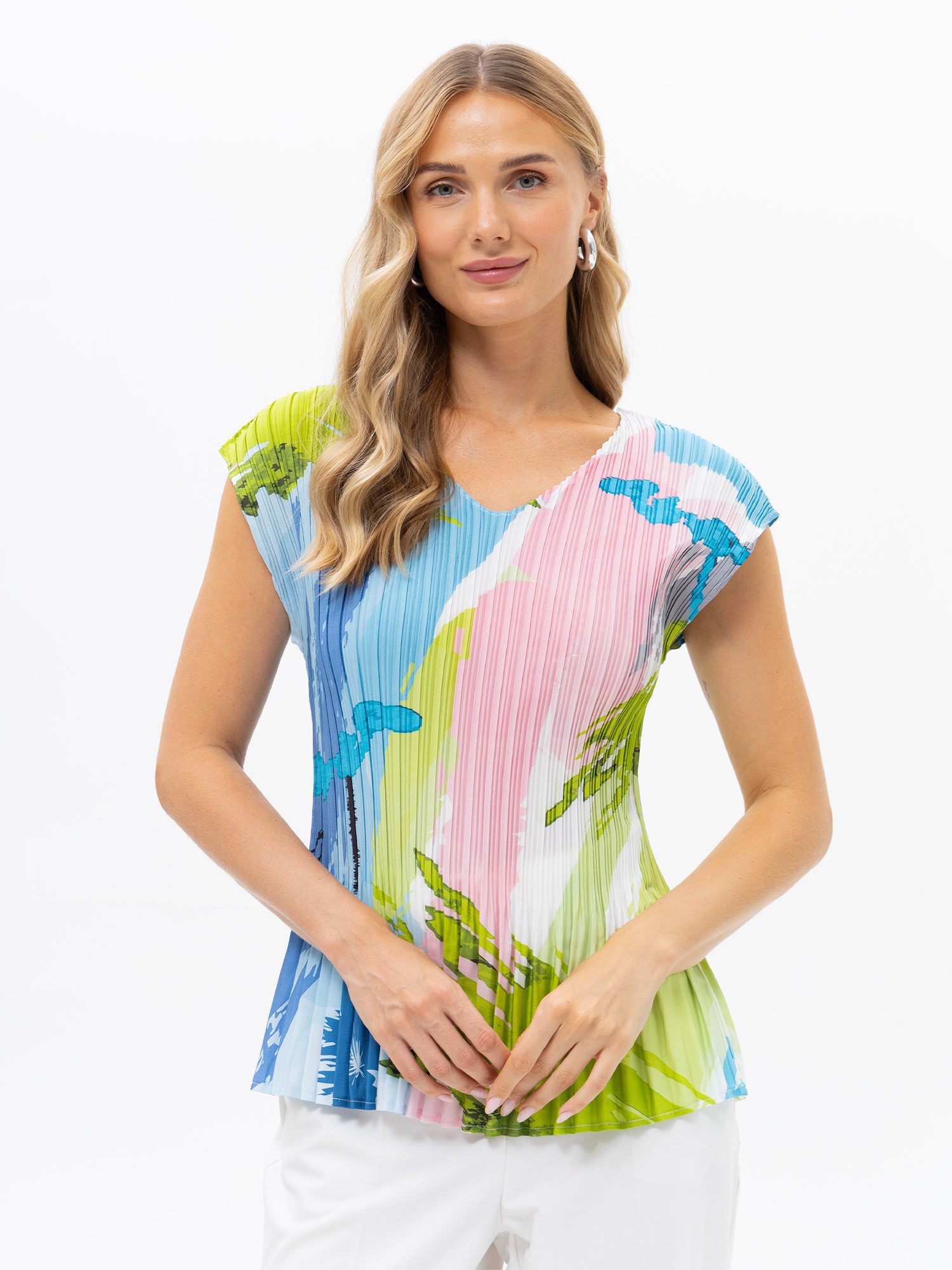 Passioni Plisseeshirt in hellen bunten Farben Plissé T-Shirt in rosa, grün und blau Einheitsgröße (36-50)