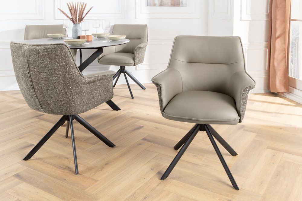 riess-ambiente Drehstuhl LE GRAND taupe – Echtleder, Strukturstoff, 180° drehbar, mit Armlehne (Einzelartikel, 1 St), mit Metallgestell & Auto-Return-Funktion – ideal für Deinen Esstisch