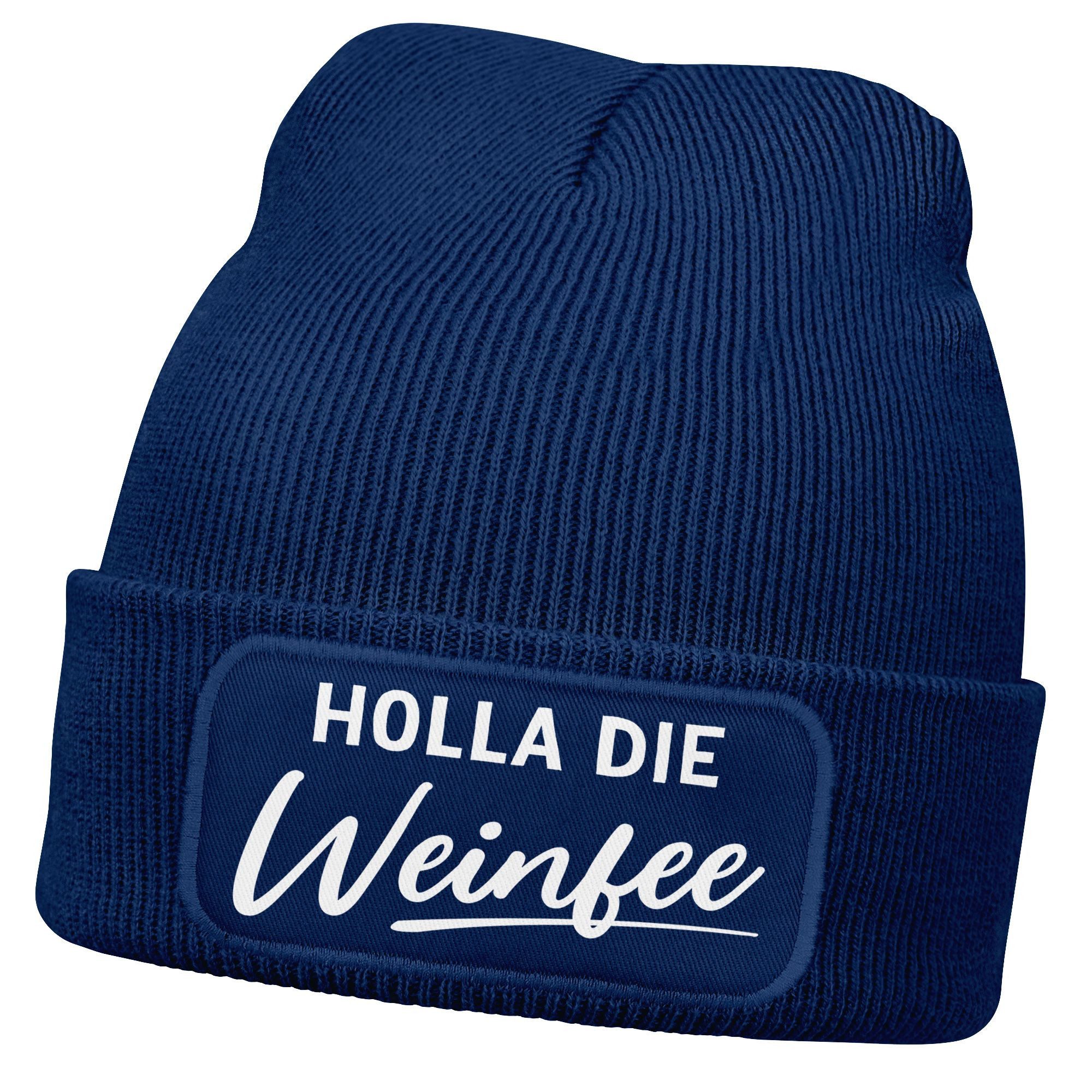 Strickmütze Damen Beanie mit Patch Strickmütze mit Spruch Holla die Weinfee