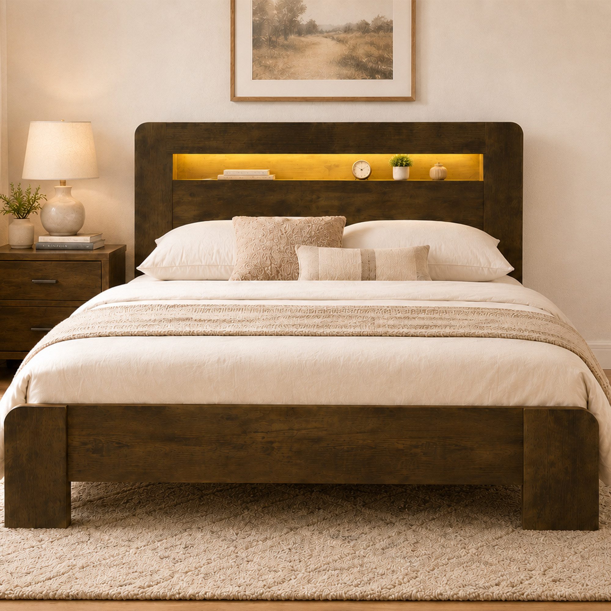 STILVORA Bettgestell 140×200 in Vintage-Holz Jugendbett Plattformbett ohne Matratze (LED-Beleuchtung, Steckdosen, Stauraum, Holz, Vintage-Holzoptik, Plattformbett, bequem, mit Kopfteilablage), für Schlafzimmer, Jugendzimmer, Gästezimmer, kleine Räume