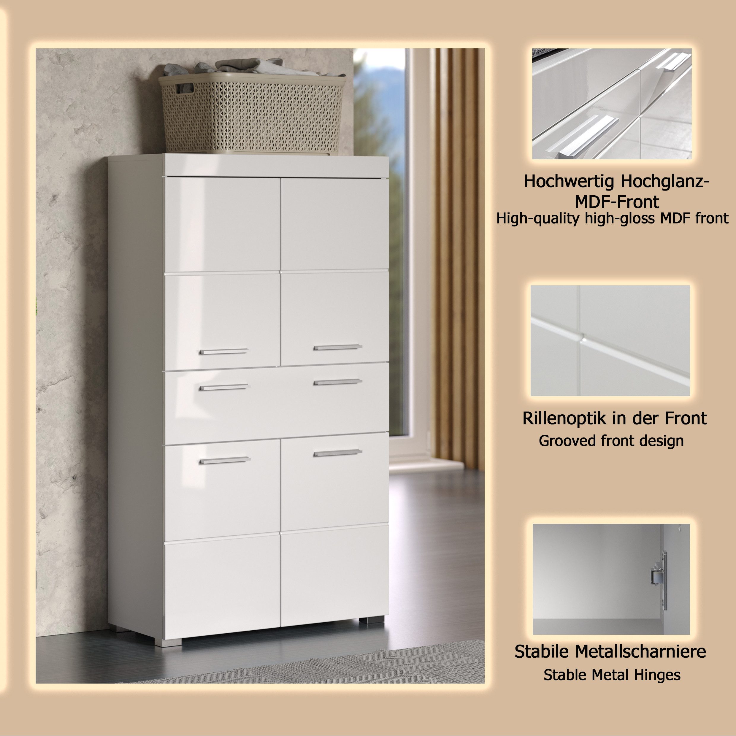 welltime Midischrank Avena Standschrank mit 4 Türen, 1 Schublade - (B/T/H) 73/31/130 cm