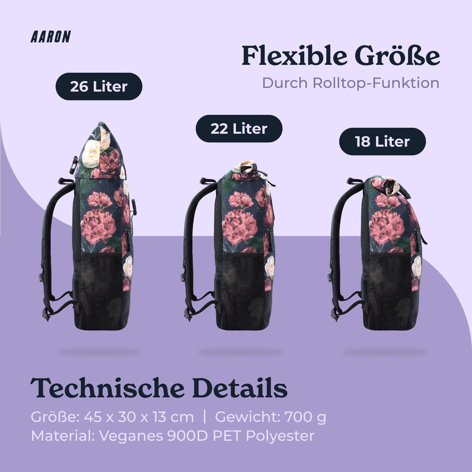 AARON Rucksack Rolltop 2.0 für Damen und Herren 18–26 L recycelt wasserabweisend