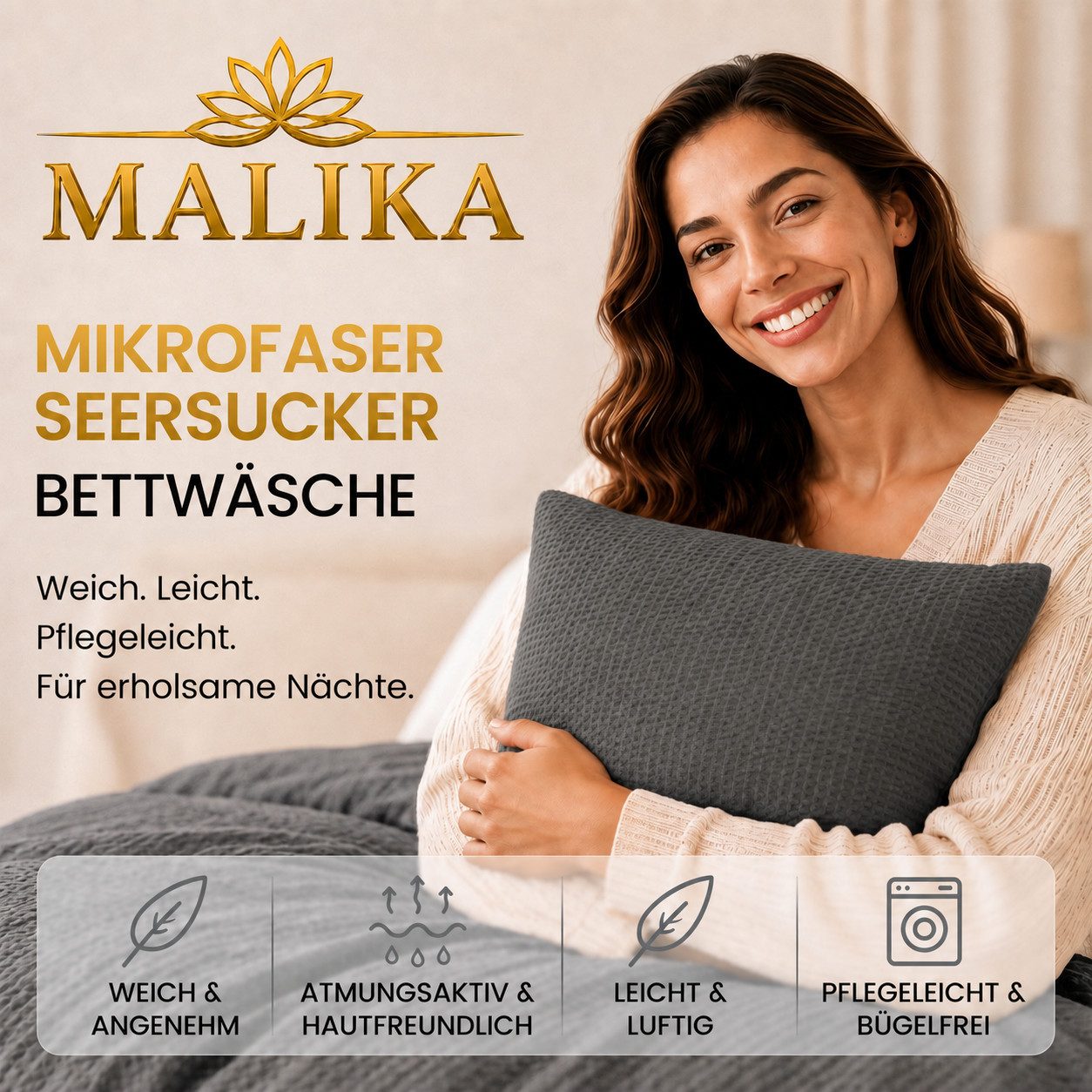 Malika Bettwäsche aus 100 % Mikrofaser, 135x200 + 80x80 cm, Seersucker, Anthrazit, Seersucker, 2 teilig, Für Allergiker geeignet, pflegeleicht, angenehm weicher Stoff