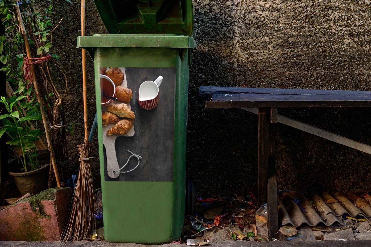 Wandsticker auf (1 Mülltonne, Croissants Tee Mülleimer-aufkleber, Holzbrettchen MuchoWow Abfalbehälter mit St), Sticker, Container,