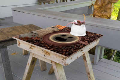 Wallario Möbelfolie Lustige Kaffeetasse mit einem Lächeln - Kaffeebohnen und Zimt